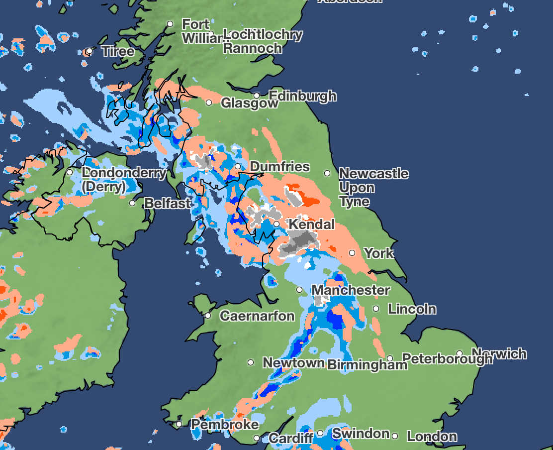 The grey flurry over Kendal shows snow in the morning