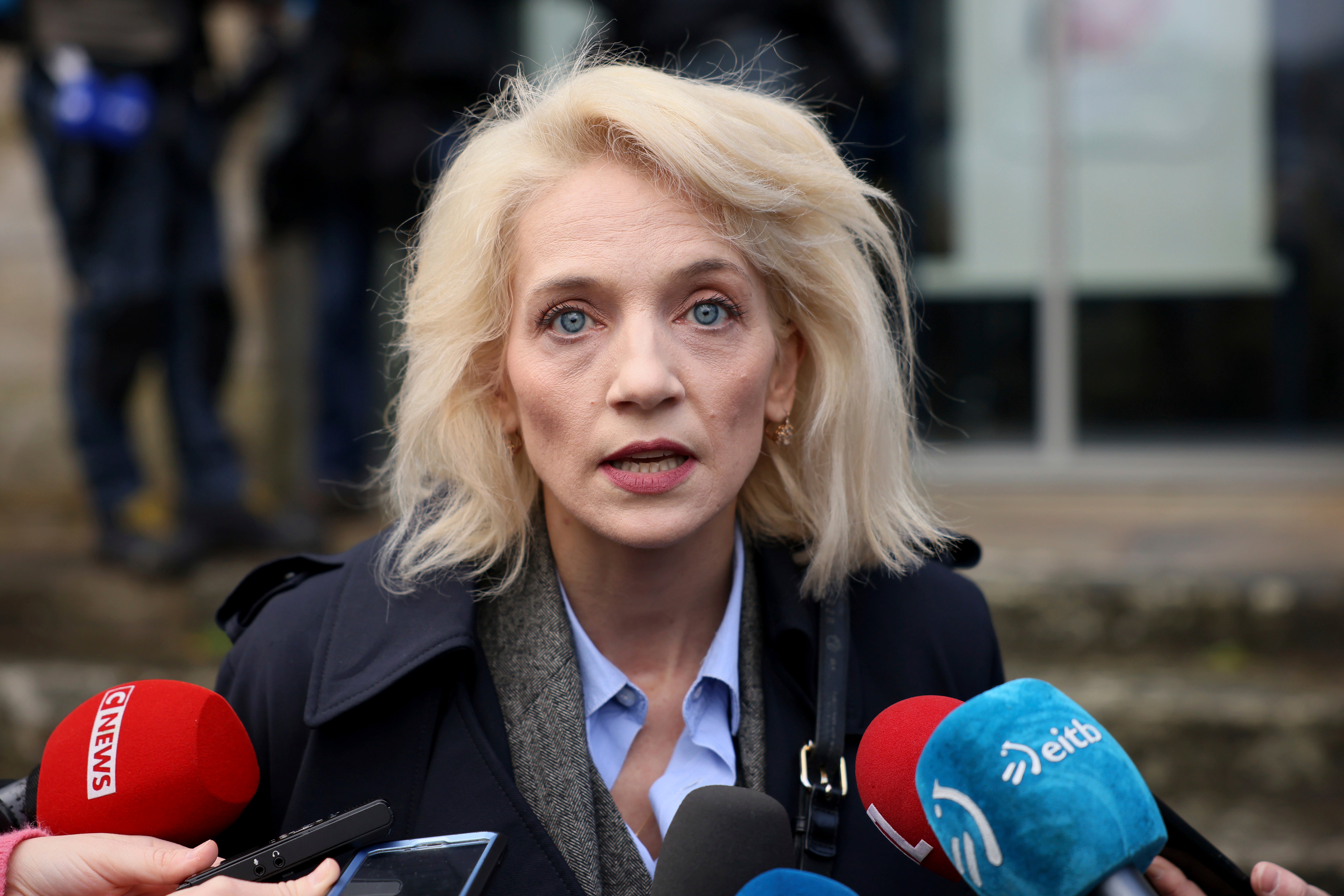 Lawyer for the civil party Marie Grimaud speaks to media outside the Vannes courthouse, western France, on Monday