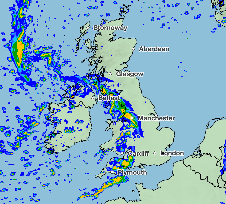 Heavy rain will sweep across the UK, particularly strong in Cornwall and Devon