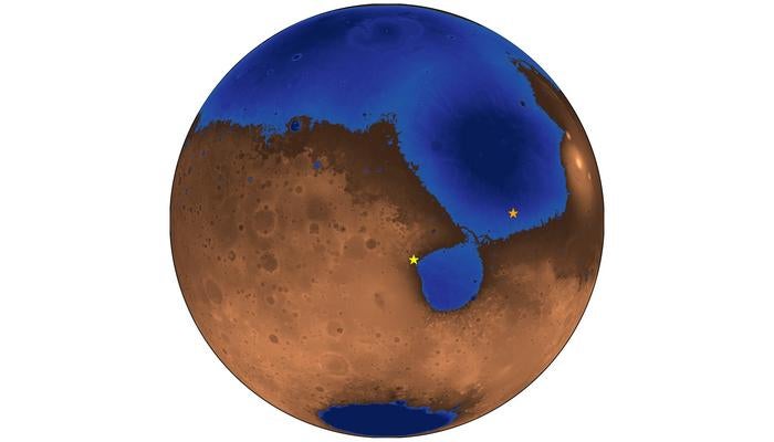 Imagem hipotética de Marte 3,6 bilhões anos atrás, quando um oceano pode ter coberto quase metade do planeta