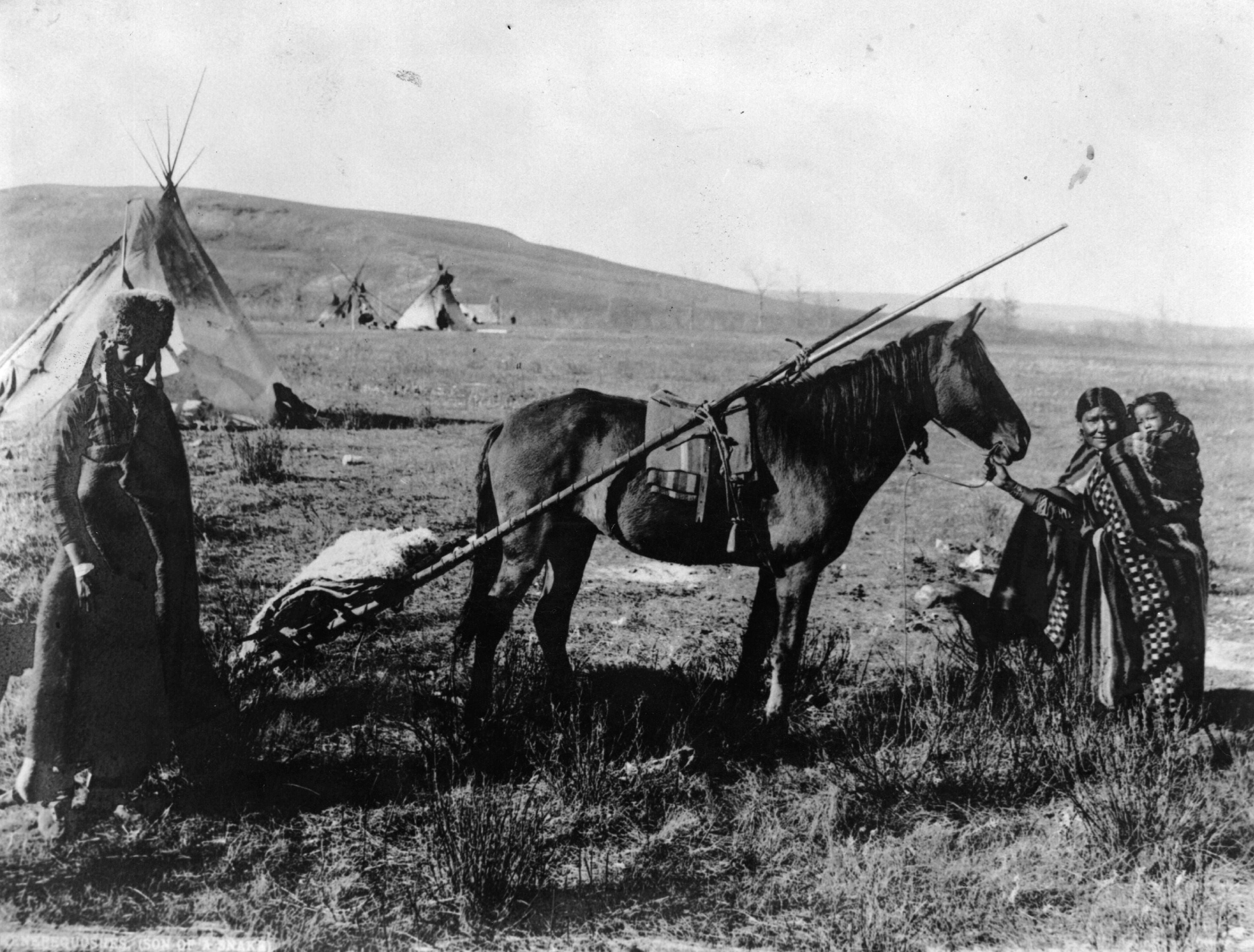 Native Americans in traditional dress with a horse-pulled travois circa 1900