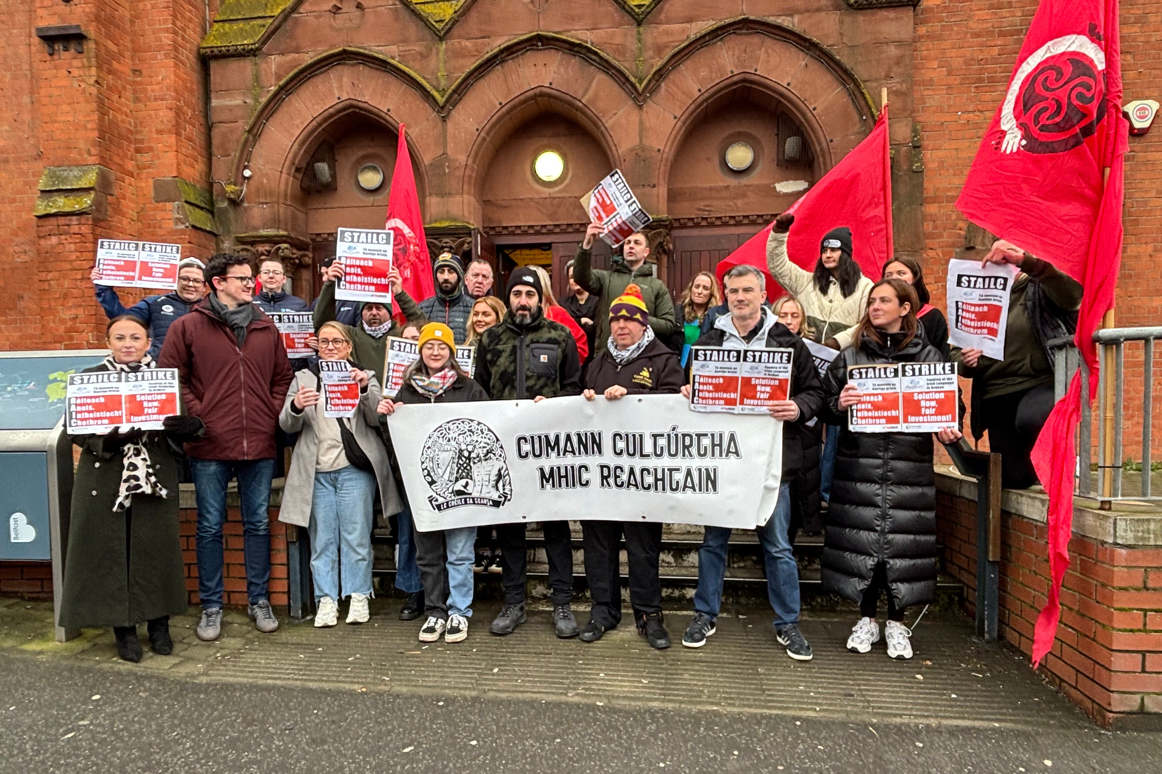 Irish language groups protest outside Culturlann McAdam O Fiaich in west Belfast (Rebecca Black/PA)