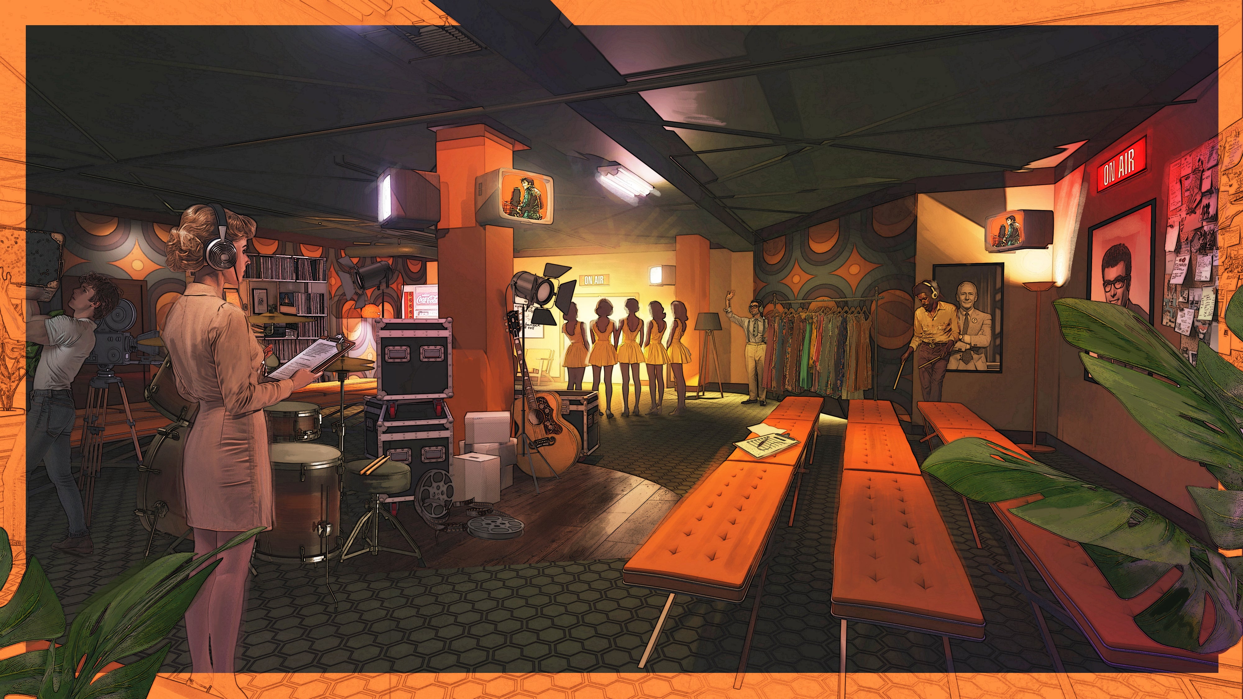 A concept illustration of backstage at NBC Studios during the recording of Elvis’ ‘Comeback Special’