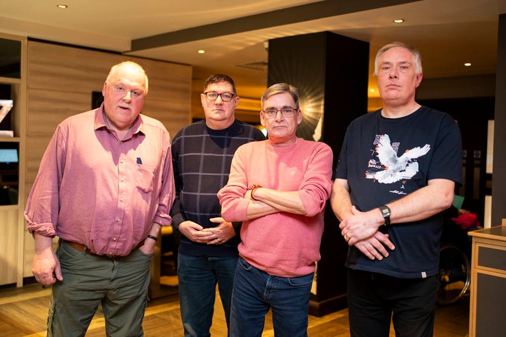 (left to right) Steve Nicholls, Adrian Goodyear, Gary Webster and Richard Warwick, who attended Treloar’s School in Hampshire, a school for children with haemophilia, in the 1970s and 80s (Ben Whitley/PA)