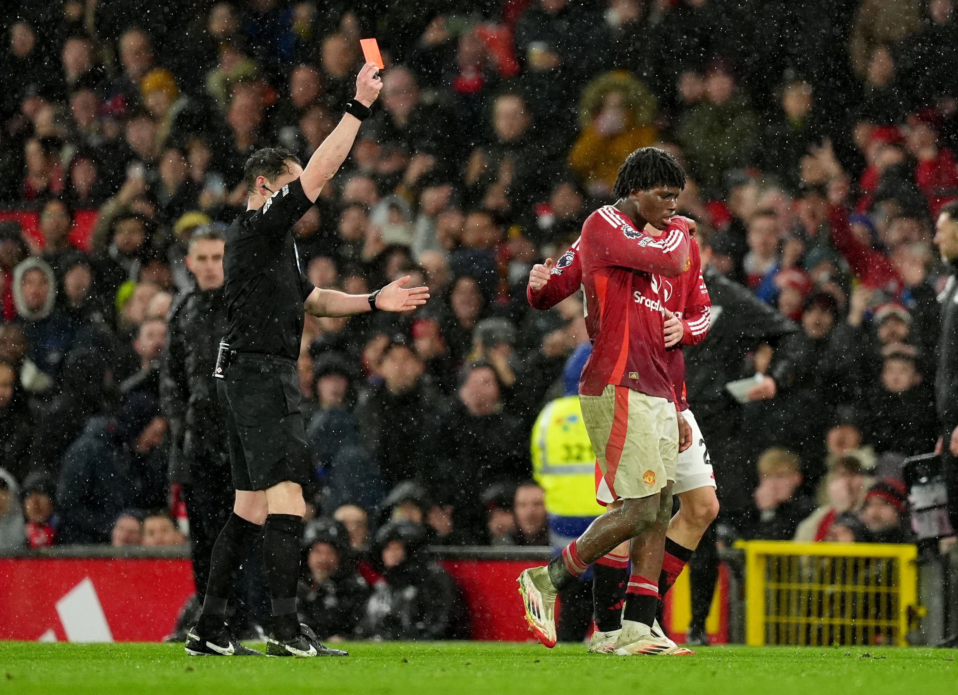 Patrick Dorgu was sent off in United’s win against Ipswich (Martin Rickett/PA)