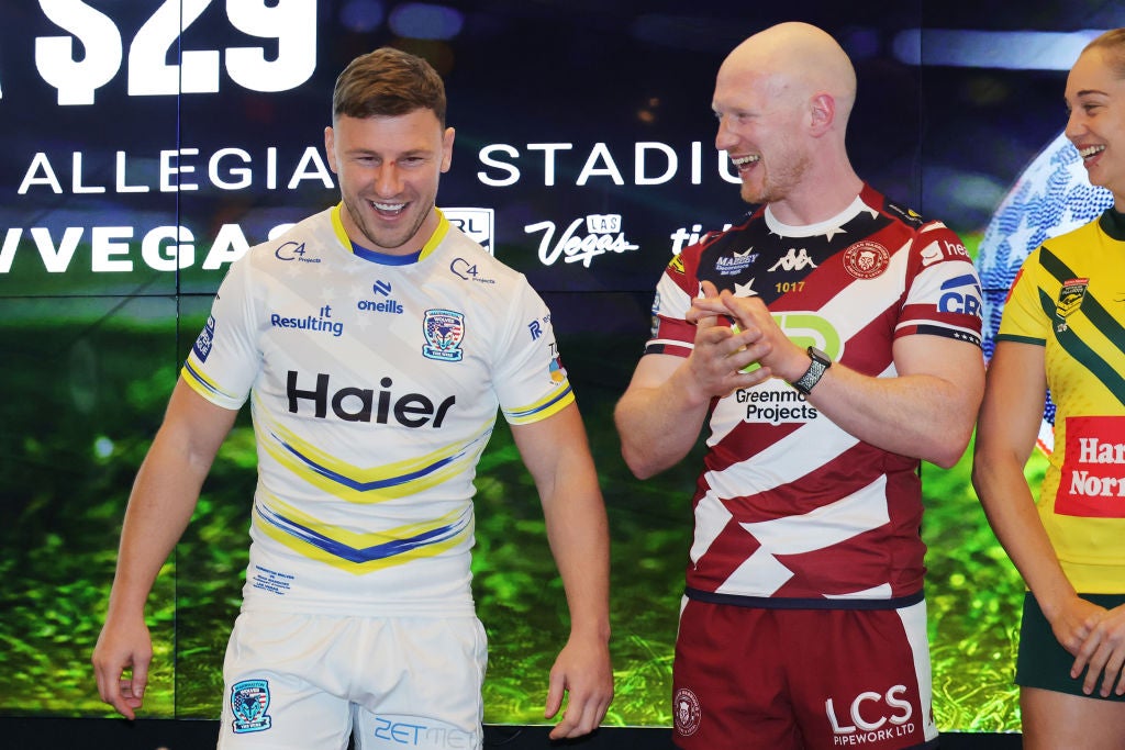 George Williams of the Warrington Wolves and Liam Farrell of the Wigan Warriors attend the NRL Las Vegas media launch