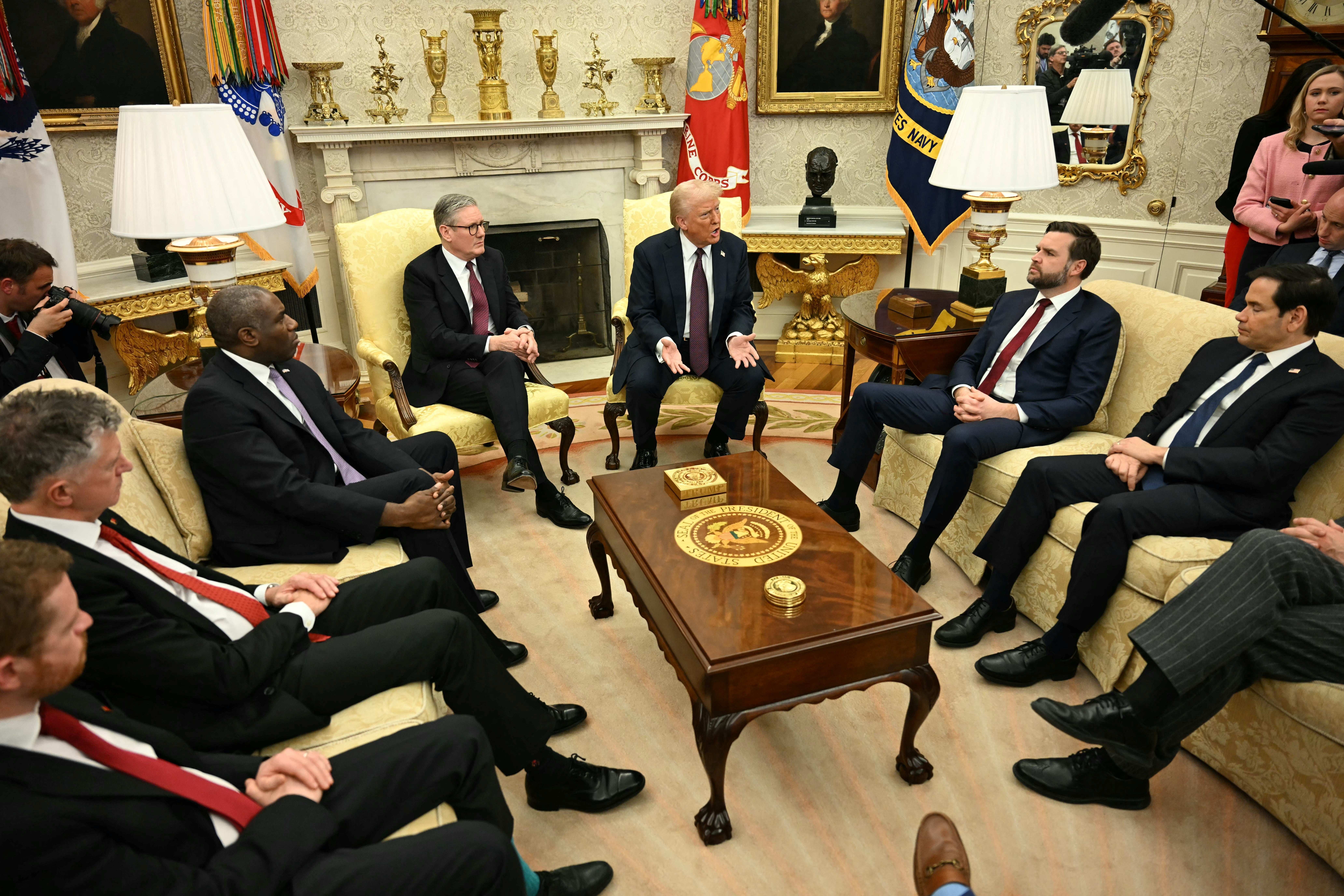 Marco Rubio (far right) pictured with Trump and Starmer in the Oval Office during the prime minister’s visit to the White House in February
