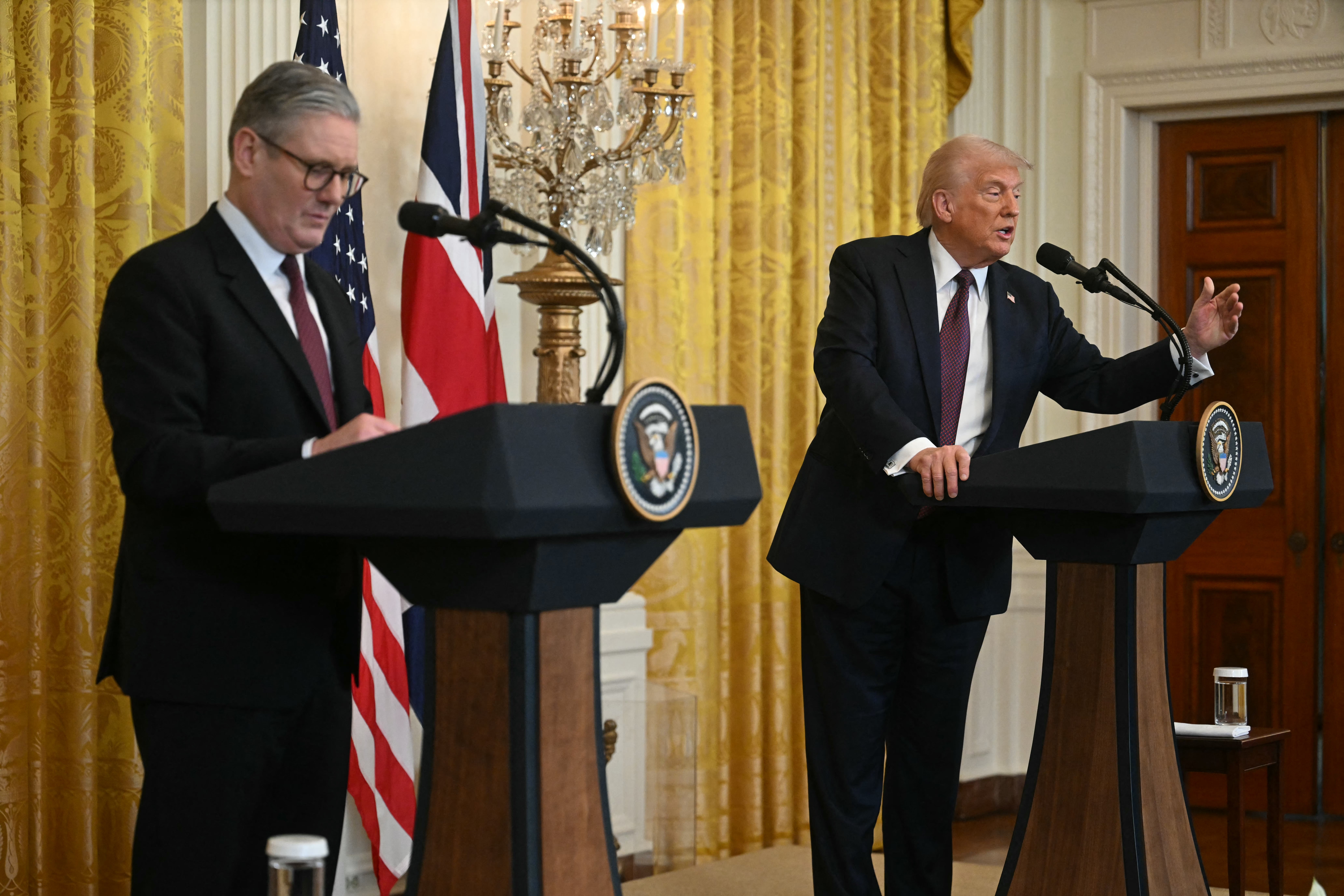 President Donald Trump holds a press conference with British Prime Minister Keir Starmer in the East Room of the White House