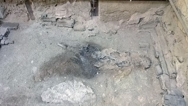 <p>Remains of an individual in their bed at Collegium Augustalium, Herculaneum</p>