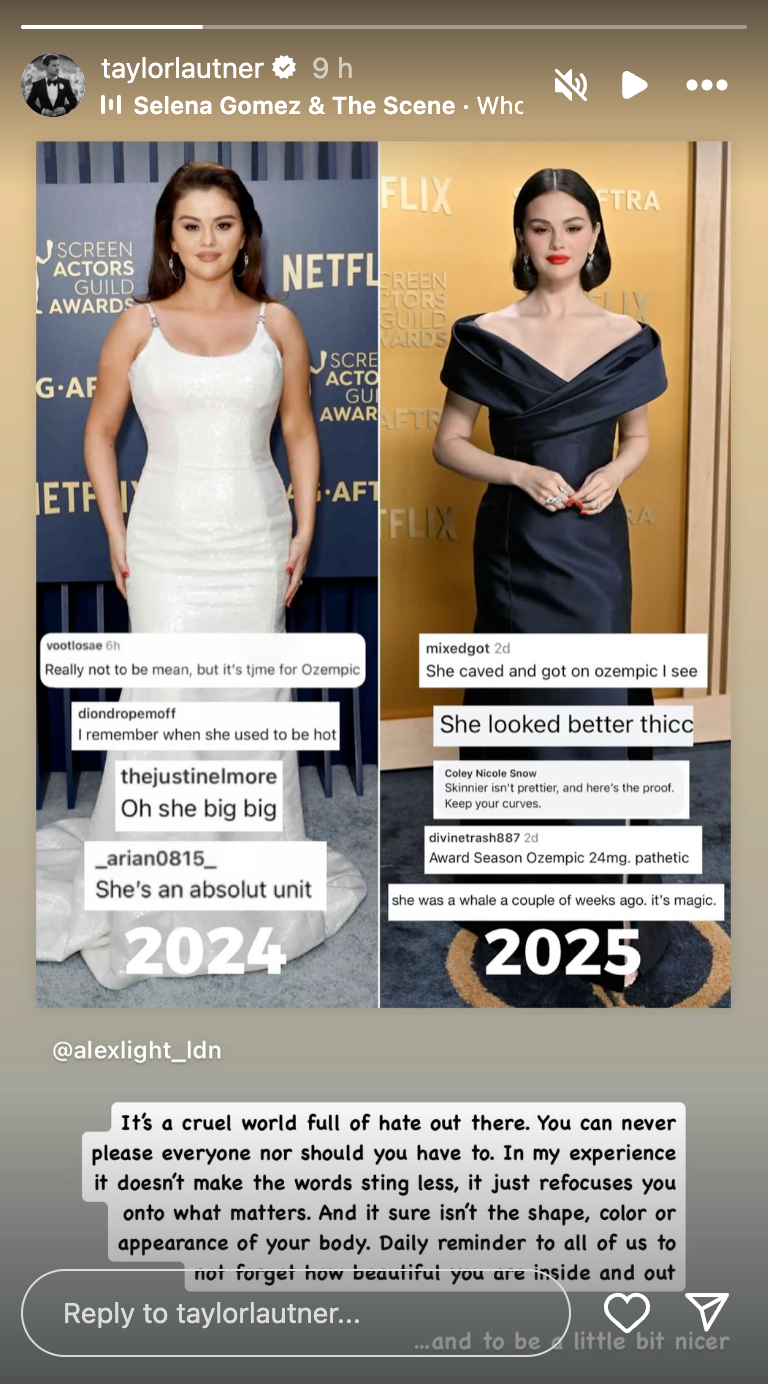 Taylor Lautner's post about Selena Gomez on Instagram