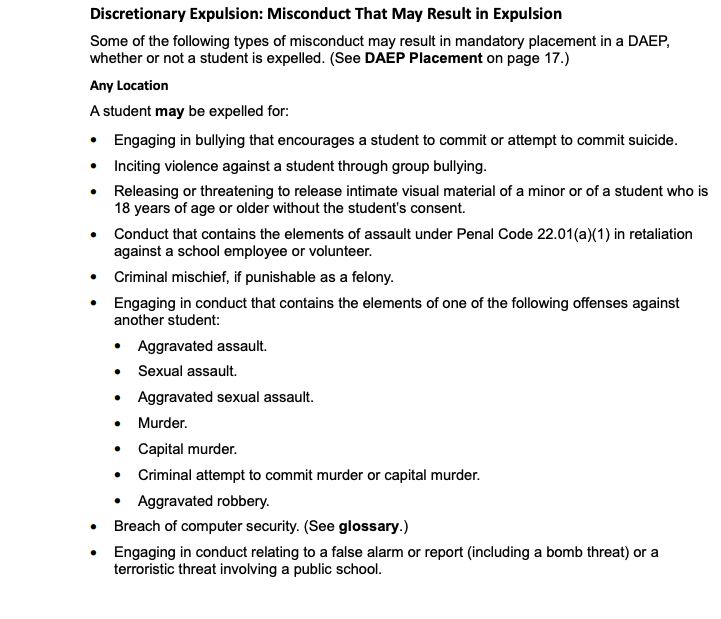 Gainseville ISD's Code of Conduct sets out the disciplinary action for students if they engage in bullying that encourages another student to commit suicide