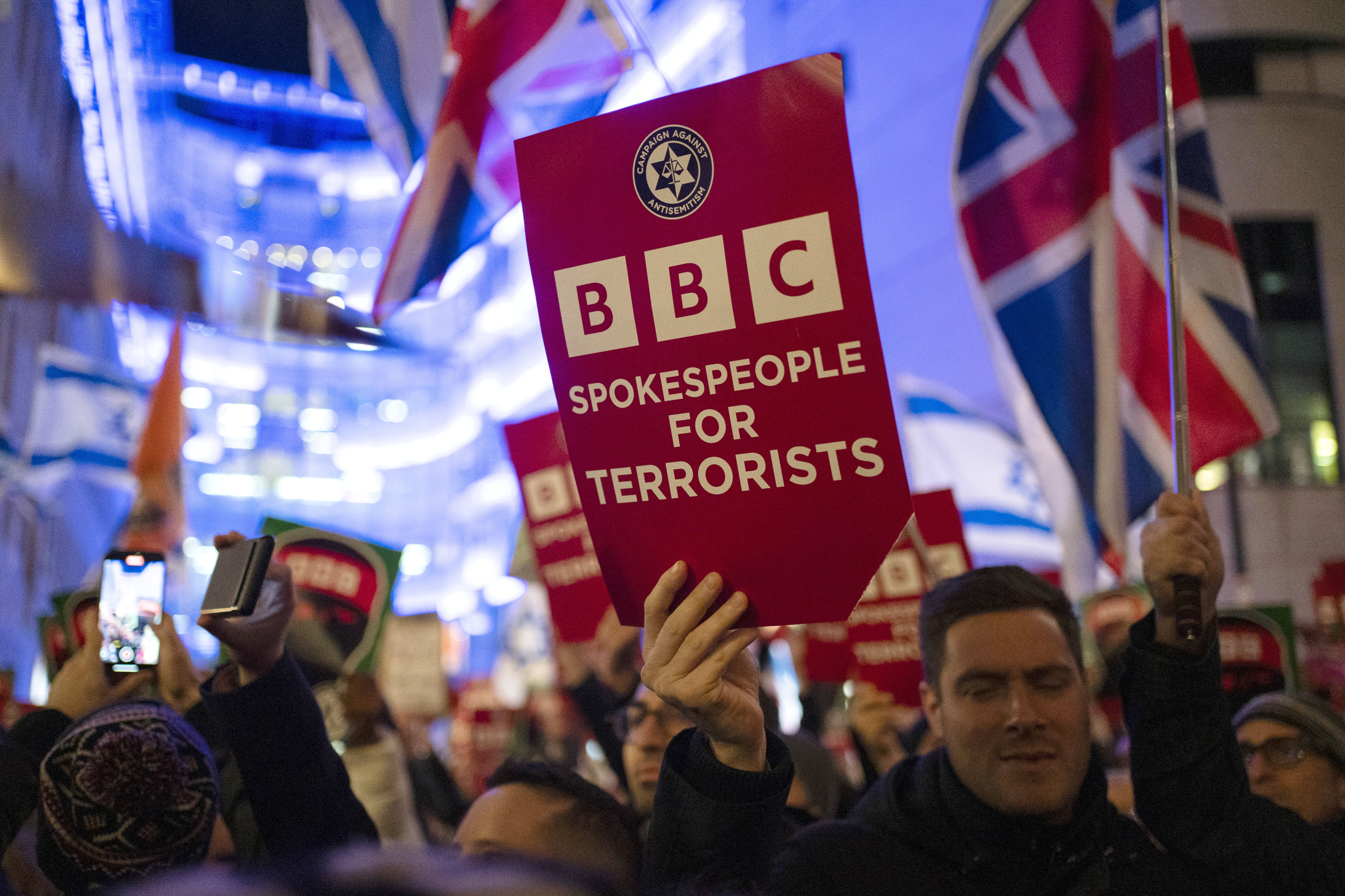 People protest against the BBC’s airing of the documentary outside Broadcasting House in central London