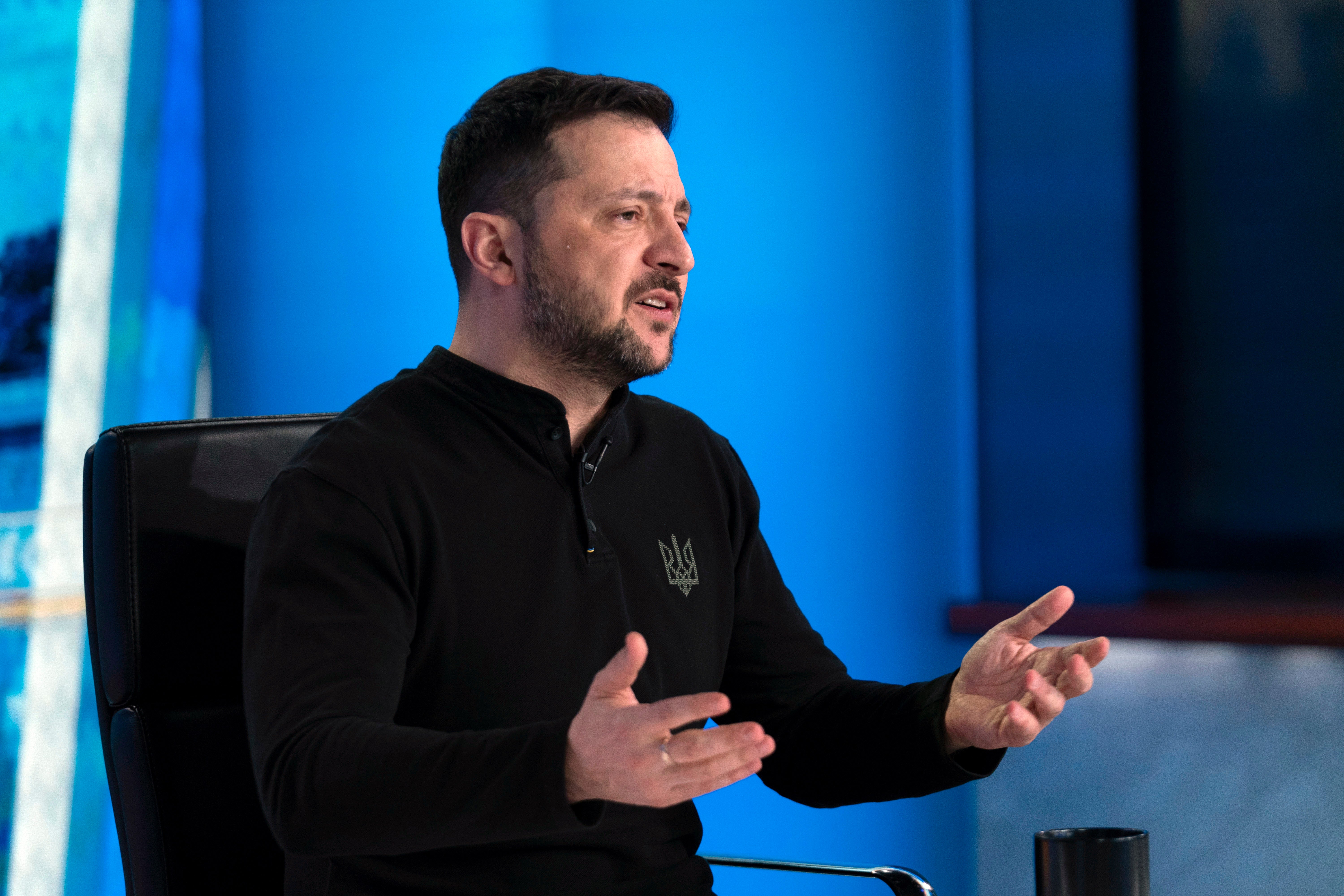 Ukraine’s President Volodymyr Zelensky speaks during an interview with Fox News’s Bret Baier