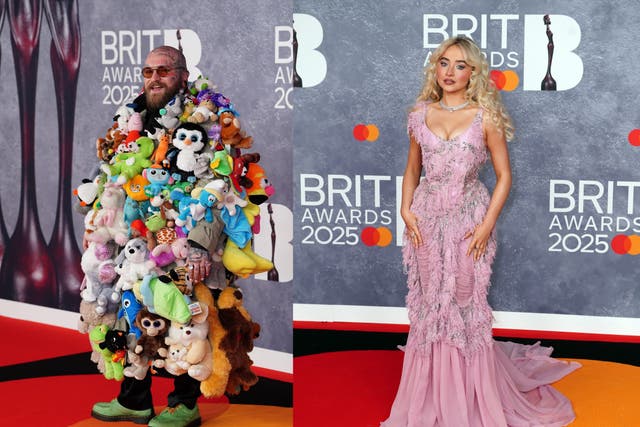 Teddy Swims wears teddy bears while Sabrina Carpenter wears McQueen on the red carpet (Ian West/PA)