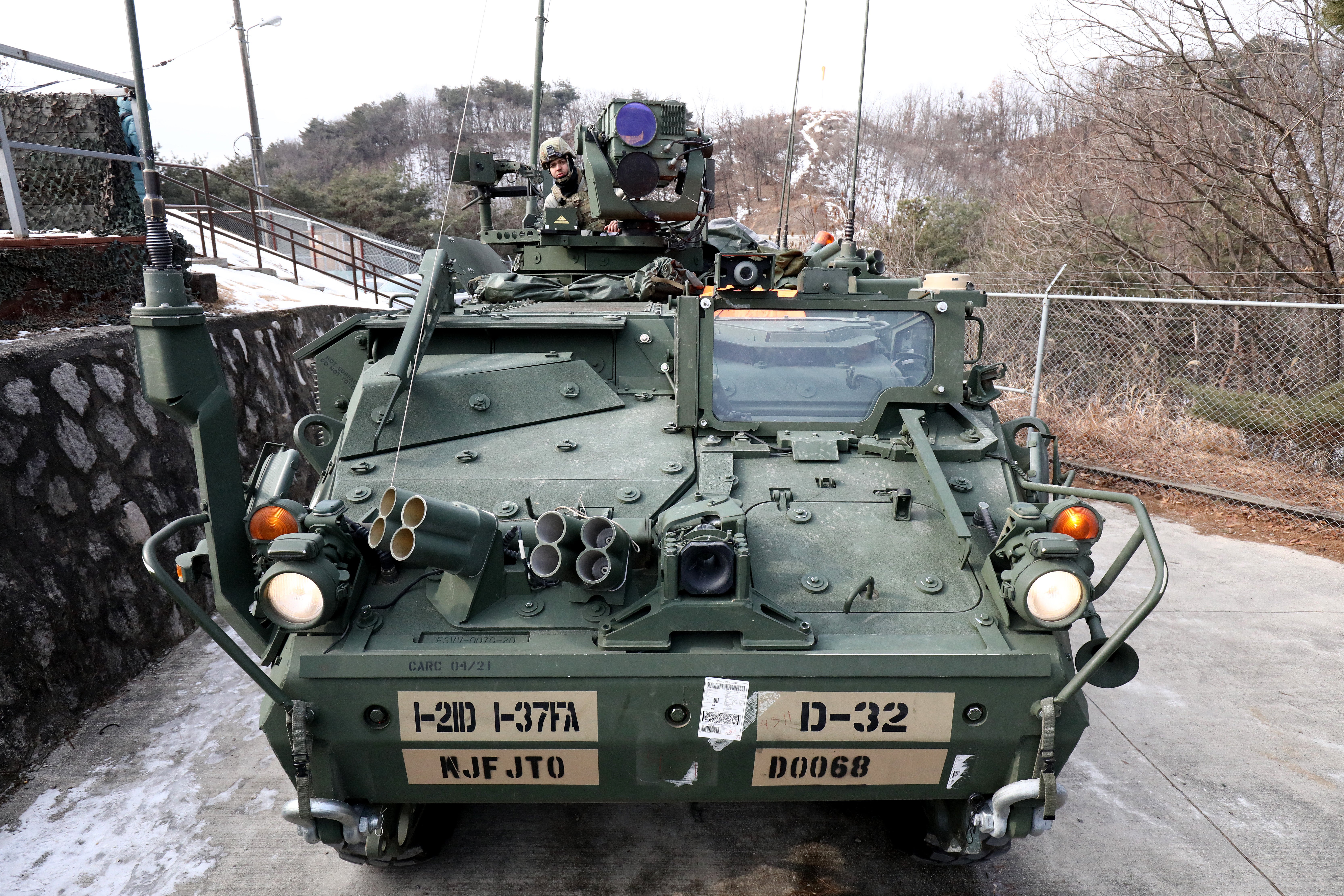 U.S. soldiers from the 2nd Infantry Division, Stryker Battalion Combat Team participate in the combined drill with South Korean soldiers from the 15th Infantry Division, at the Rodriguez Live Fire Complex on February 10, 2025 in Pocheon, South Korea. A number of Strykers will be sent to the U.S.-Mexico border