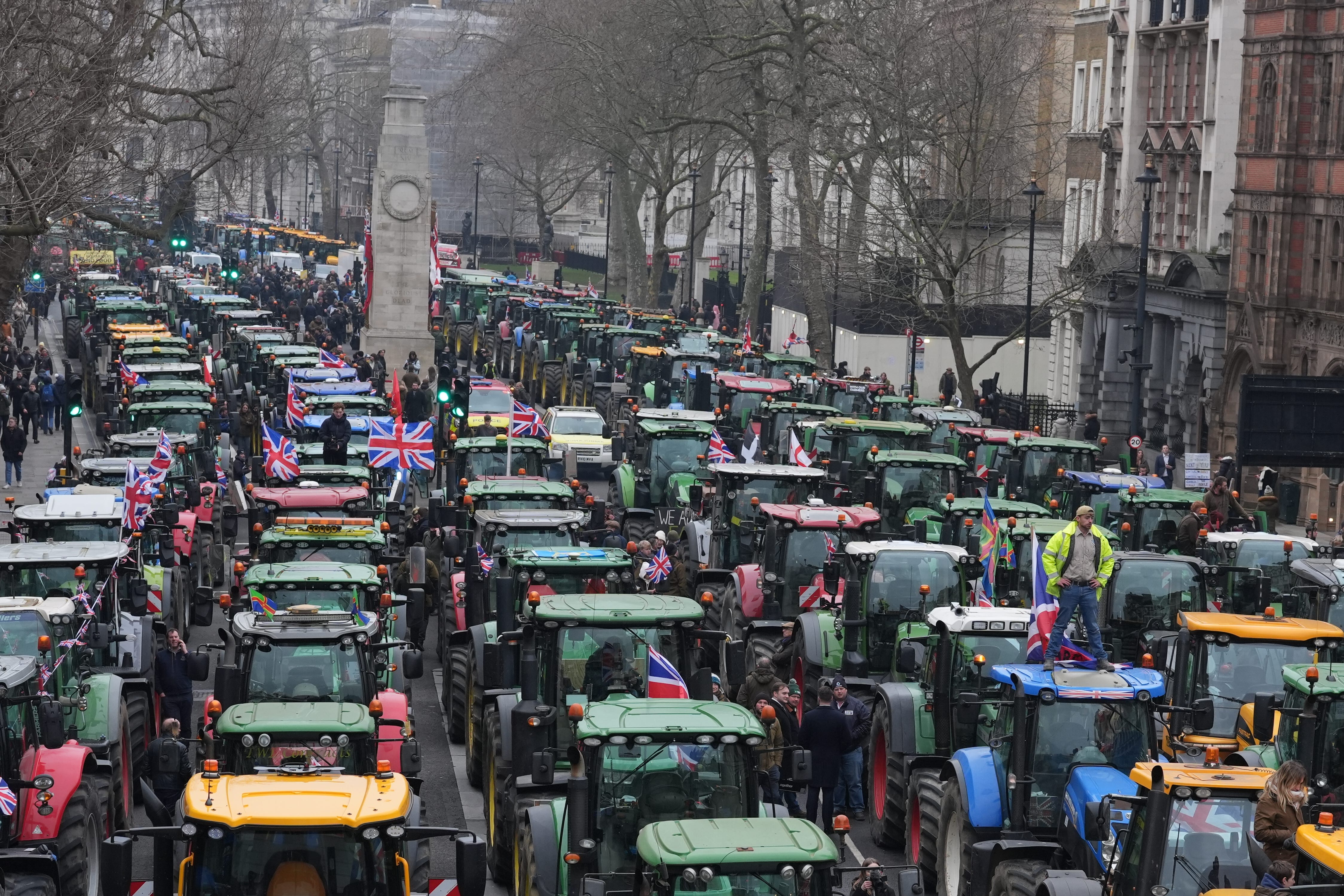 Farmers and their tractors protest in Whitehall, London, February 2025 (Gareth Fuller/PA)