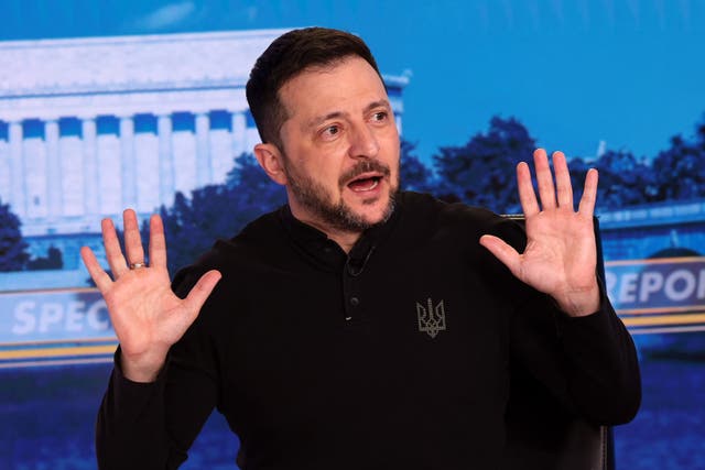 <p>Ukrainian President Volodymyr Zelensky gestures during an interview with Fox News Chief Political Anchor Bret Baier </p>