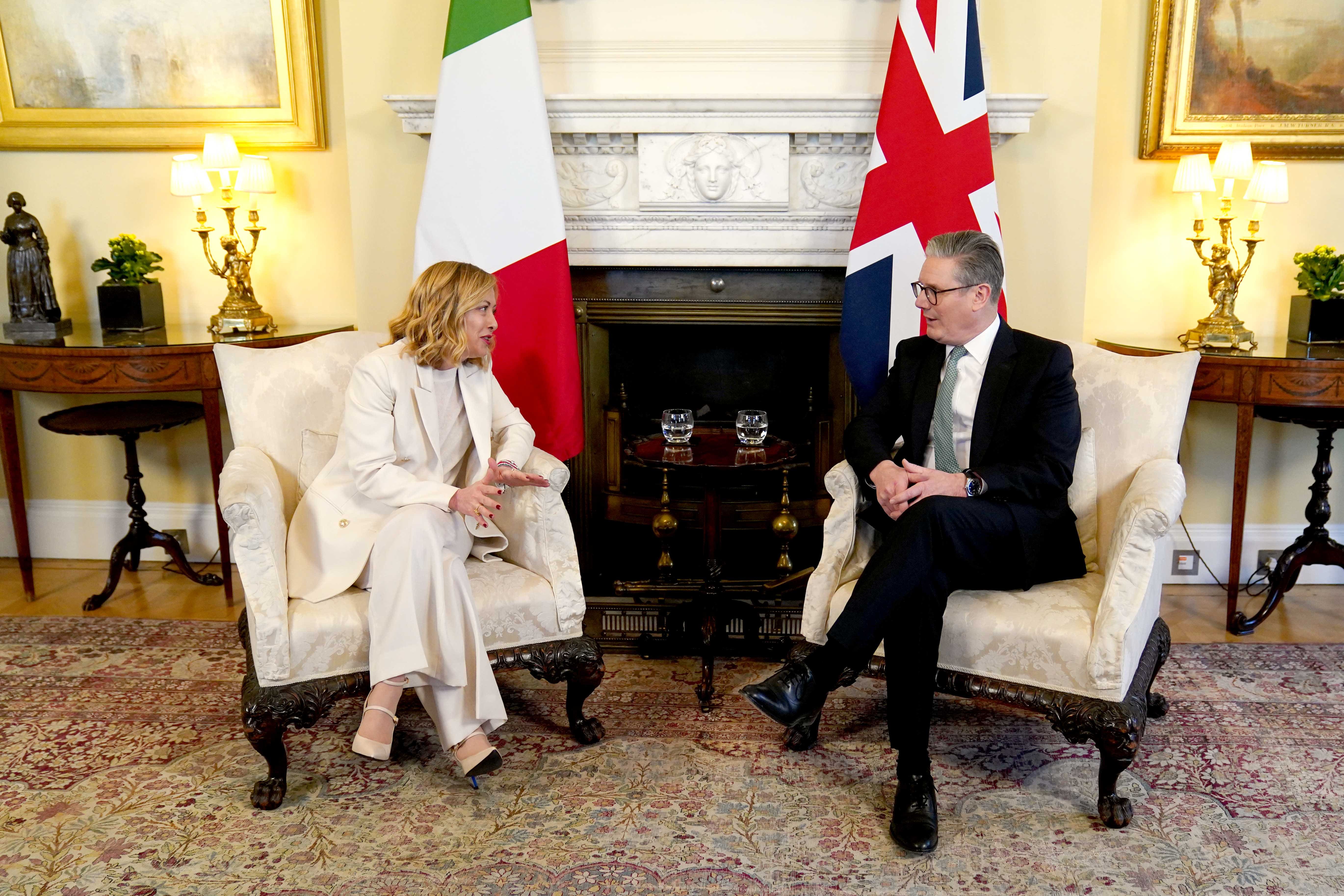 Prime Minster Sir Keir Starmer with the Prime Minister of Italy, Giorgia Meloni, inside 10 Downing Street, London, ahead of their bilateral meeting to discuss a wide range of issues including migration, Ukraine and European security (Ben Whitley/PA)