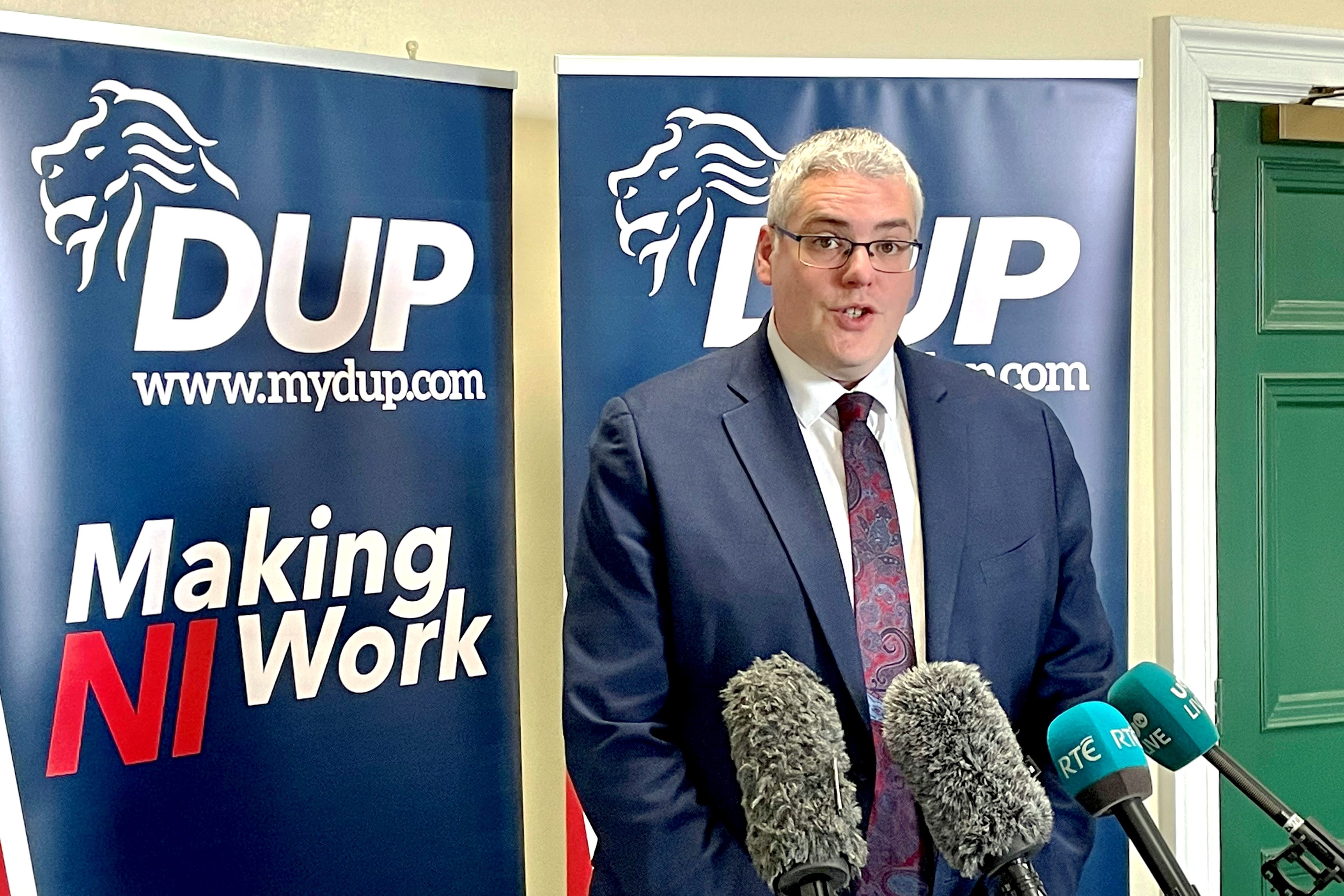 DUP leader and East Belfast MP Gavin Robinson speaks to media, as he reacts to a Ukraine missile contract for Thales missile factory to supply 5,000 air defence missiles to Ukraine (David Young/PA)