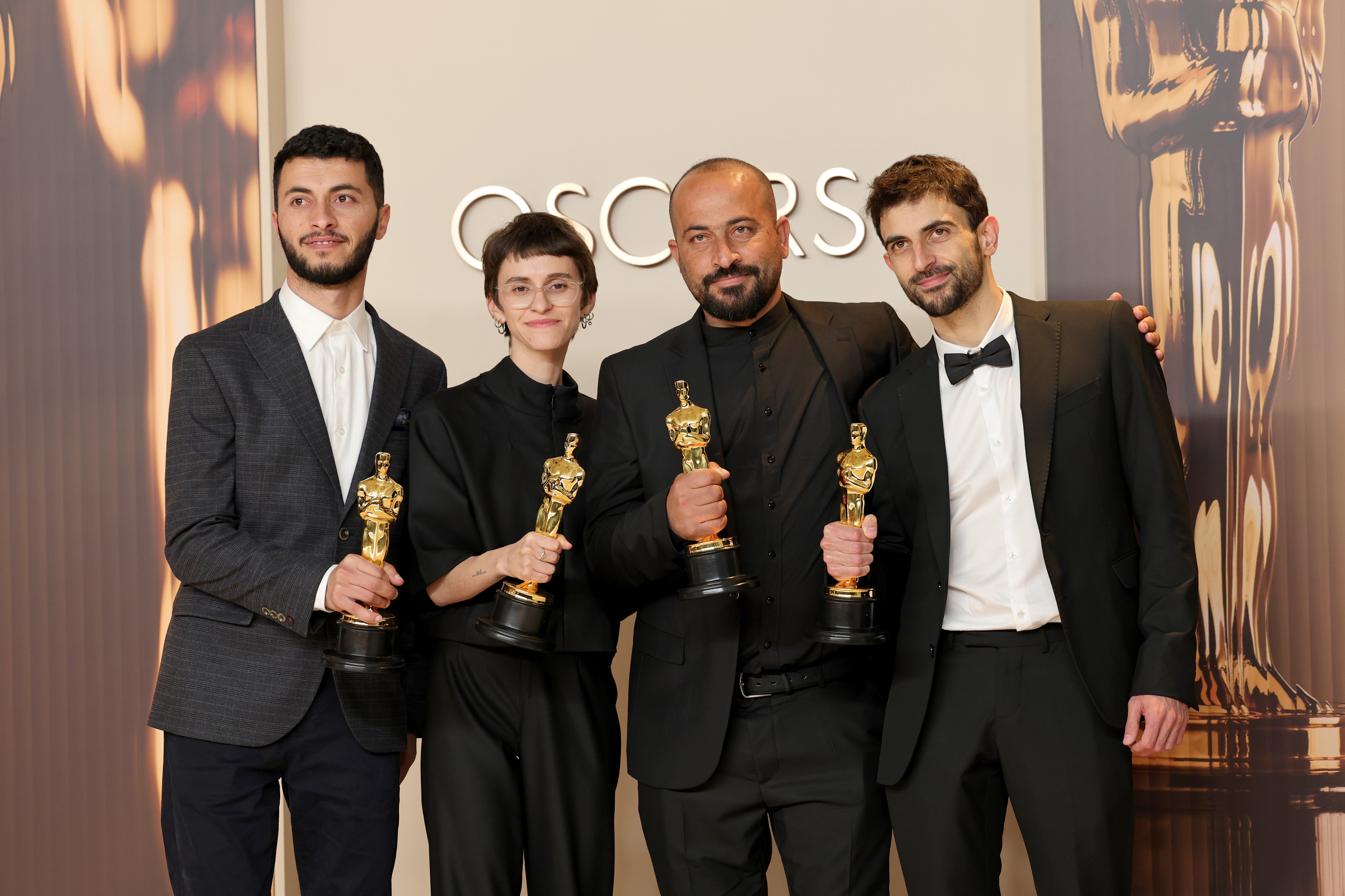 Basel Adra, Rachel Szor, Hamdan Ballal and Yuval Abraham, winners of the Best Documentary Feature Film award for ‘No Other Land’