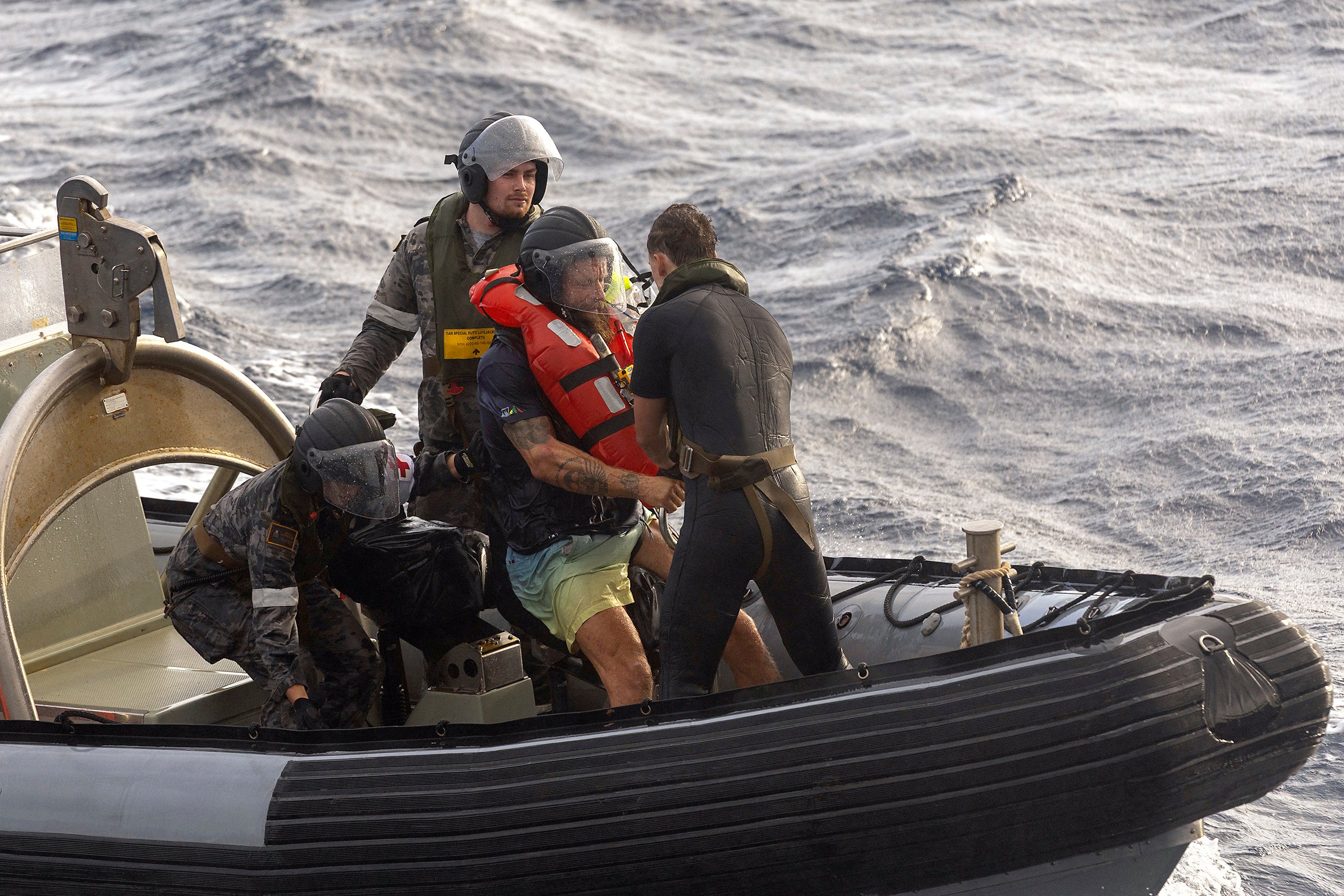 The Australian Defence Force shows sailors from the Royal Australian Navy ship HMAS Choules rescuing Lithuanian long-distance rower Aurimas Mockus