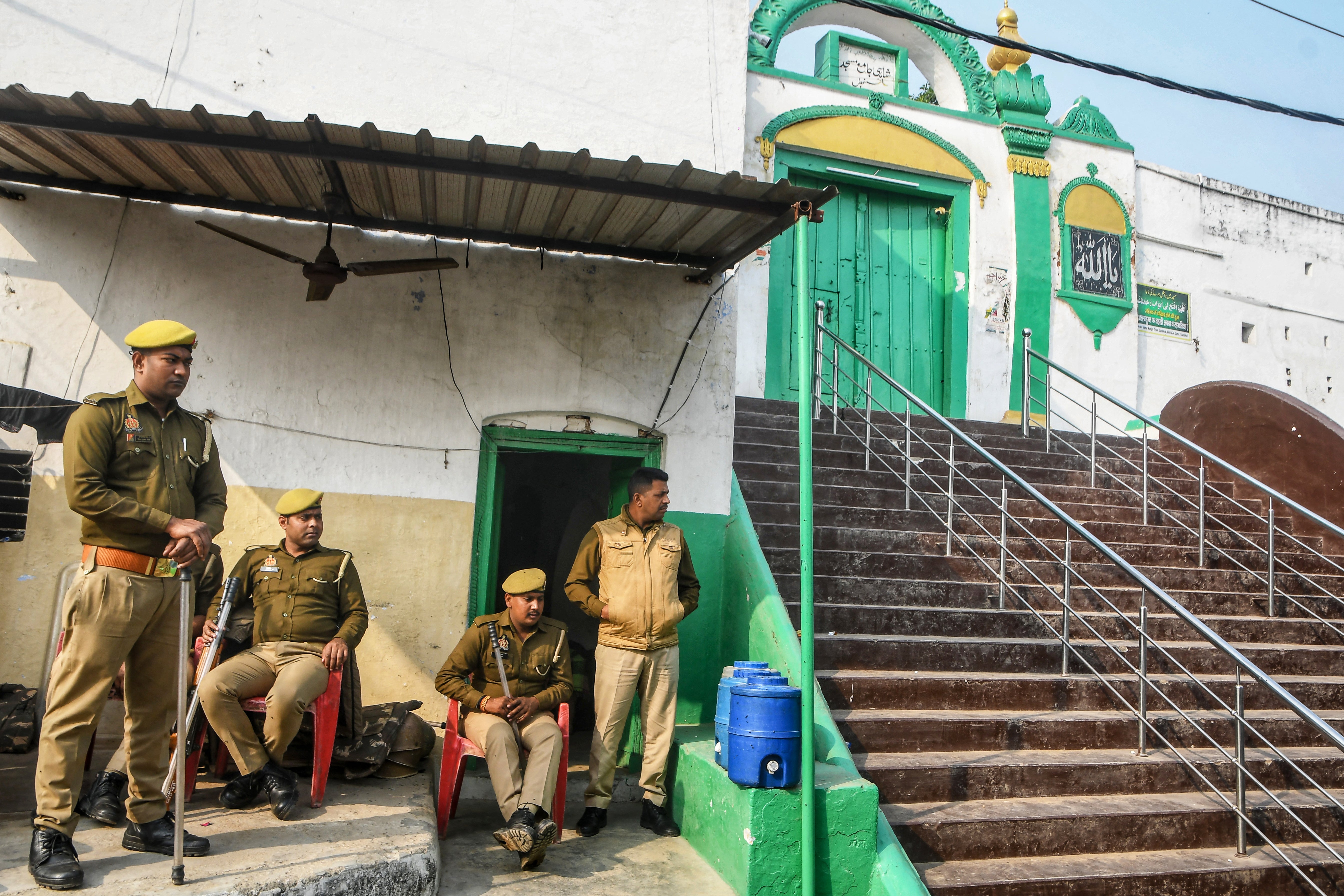 State police outside the Shahi Jama Masjid following religious violence in Sambhal in December