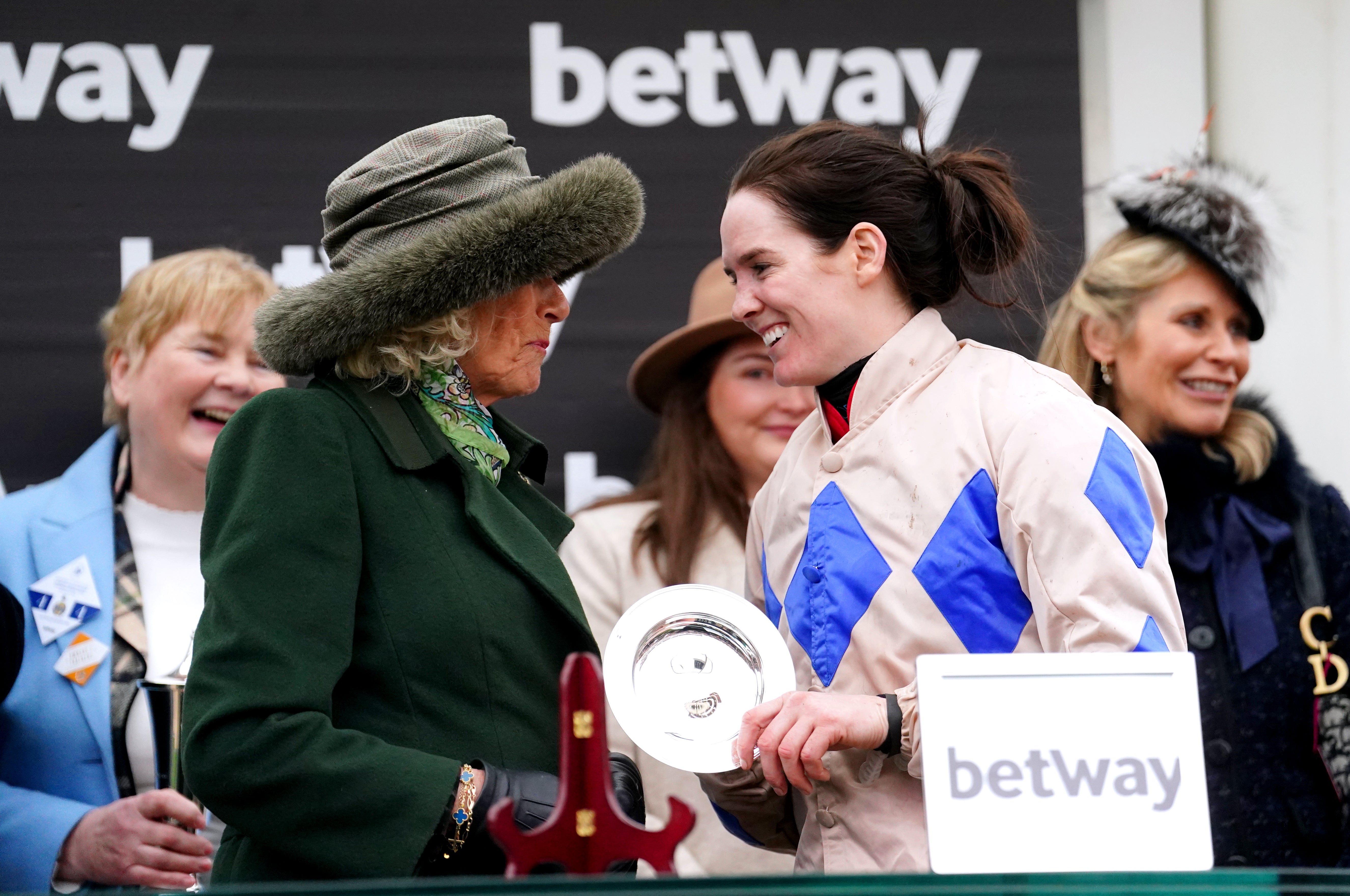 Queen Camilla presented the trophy to Blackmore after her victory in the Queen Mother Champion Chase