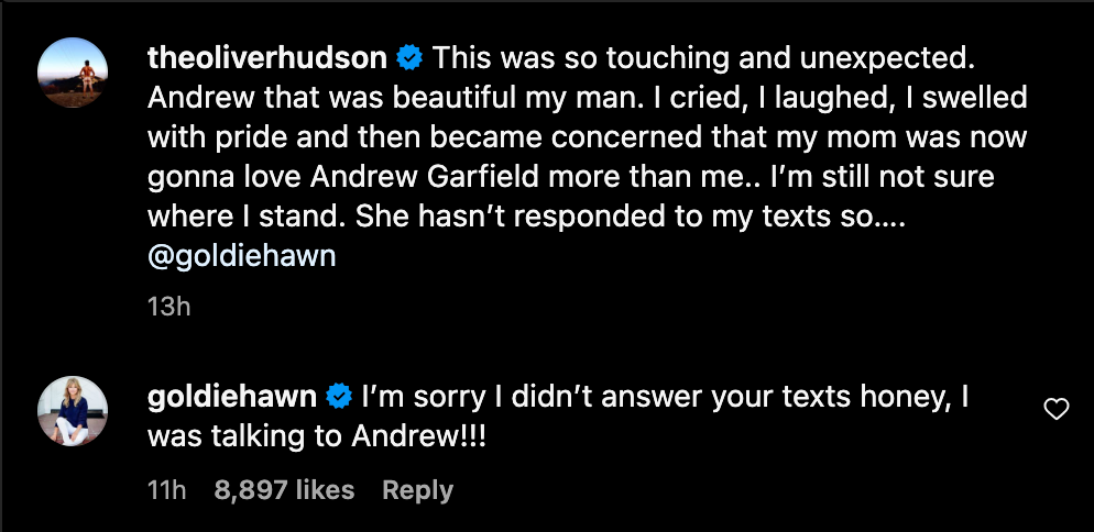 Goldie Hawn mocks son Oliver over his Andrew Garfield ‘concern’