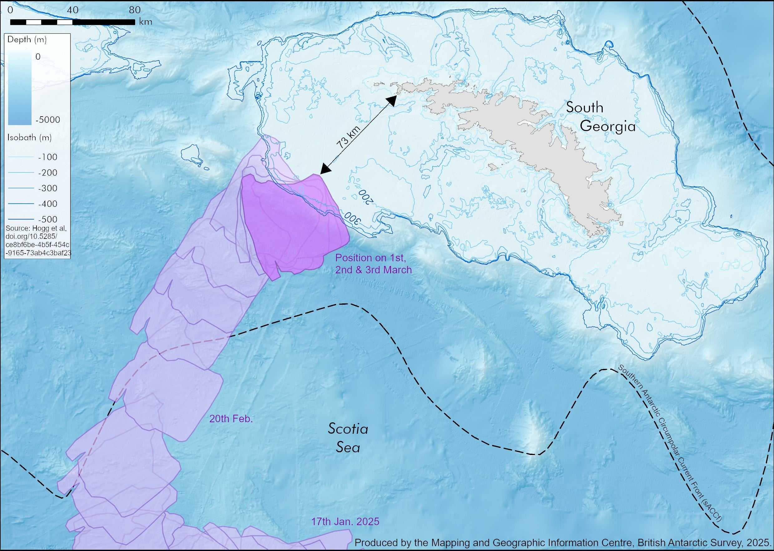 Mapped: The path of the iceberg along and towards South Georgia and its position since March 1