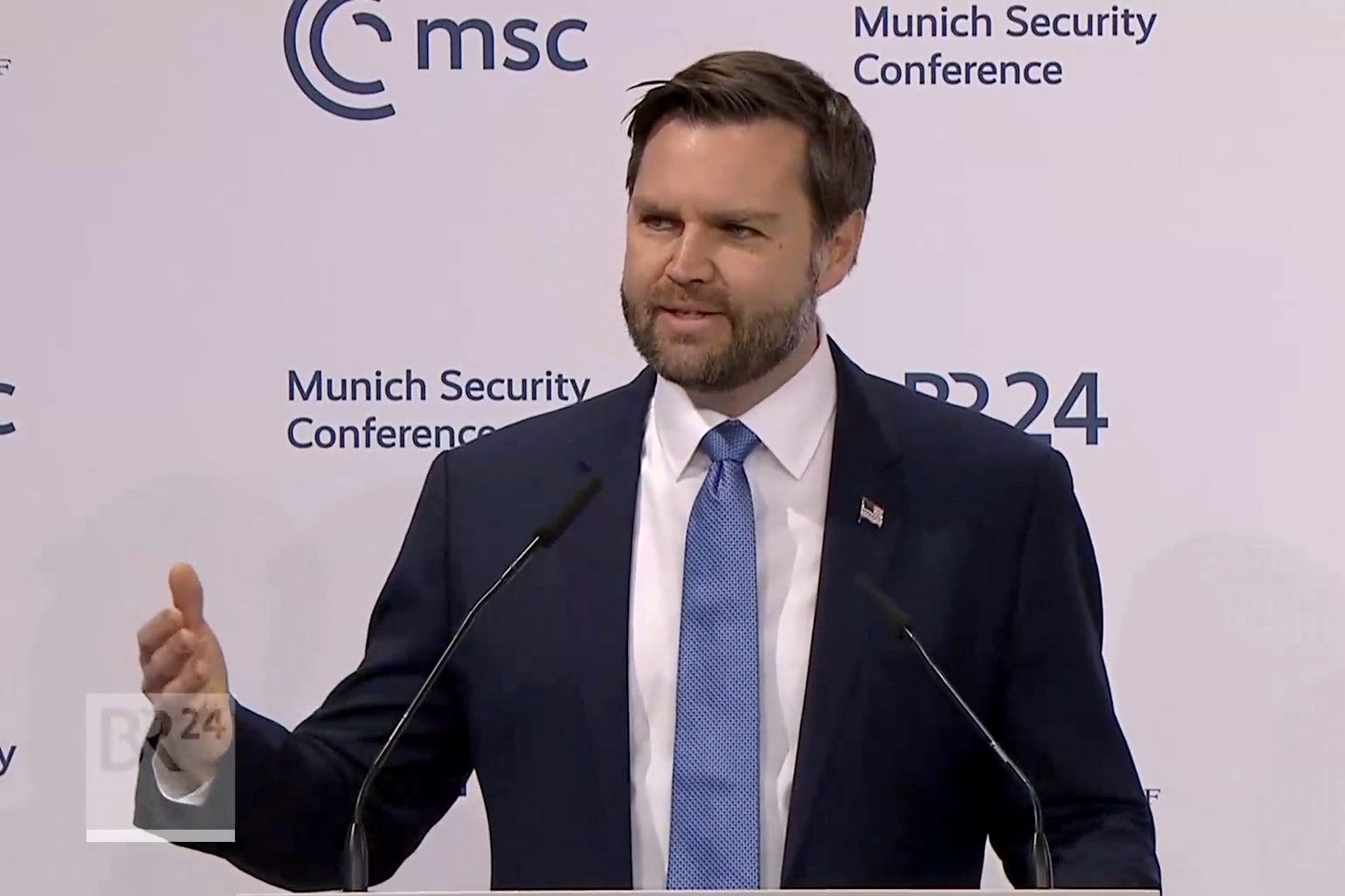 JD Vance was criticised by UK ex-service personnel after his remarks were perceived to be directed towards Britain and France (PA)