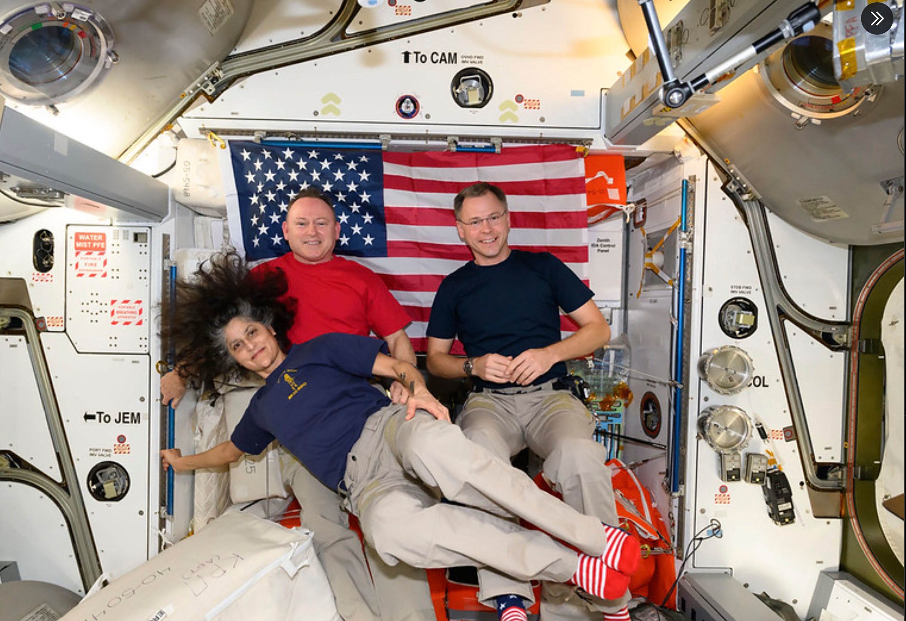 This image provided by Nasa shows Nick Hague, right, Suni Williams, and Butch Wilmore