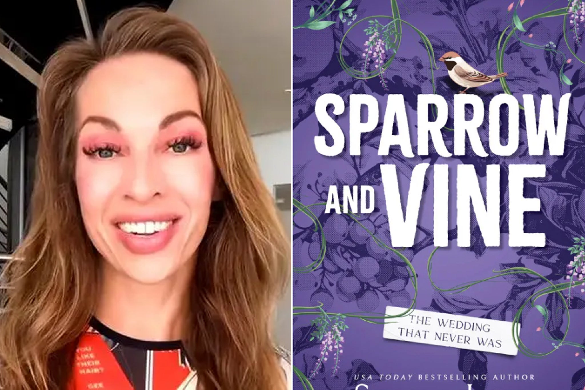 Sophie Lark and the cover of her book Sparrow and Vine, which has now been pulled after social media backlash given her comments about Elon Musk in the book