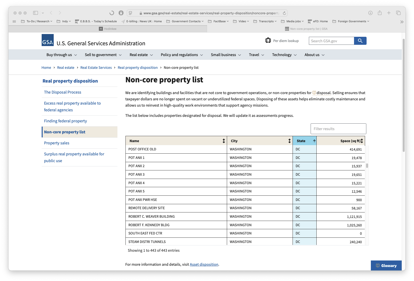 This screengrab of the GSA website shows the Robert F Kennedy building — Department of Justice headquarters — on a list of facilities marked for possible sale