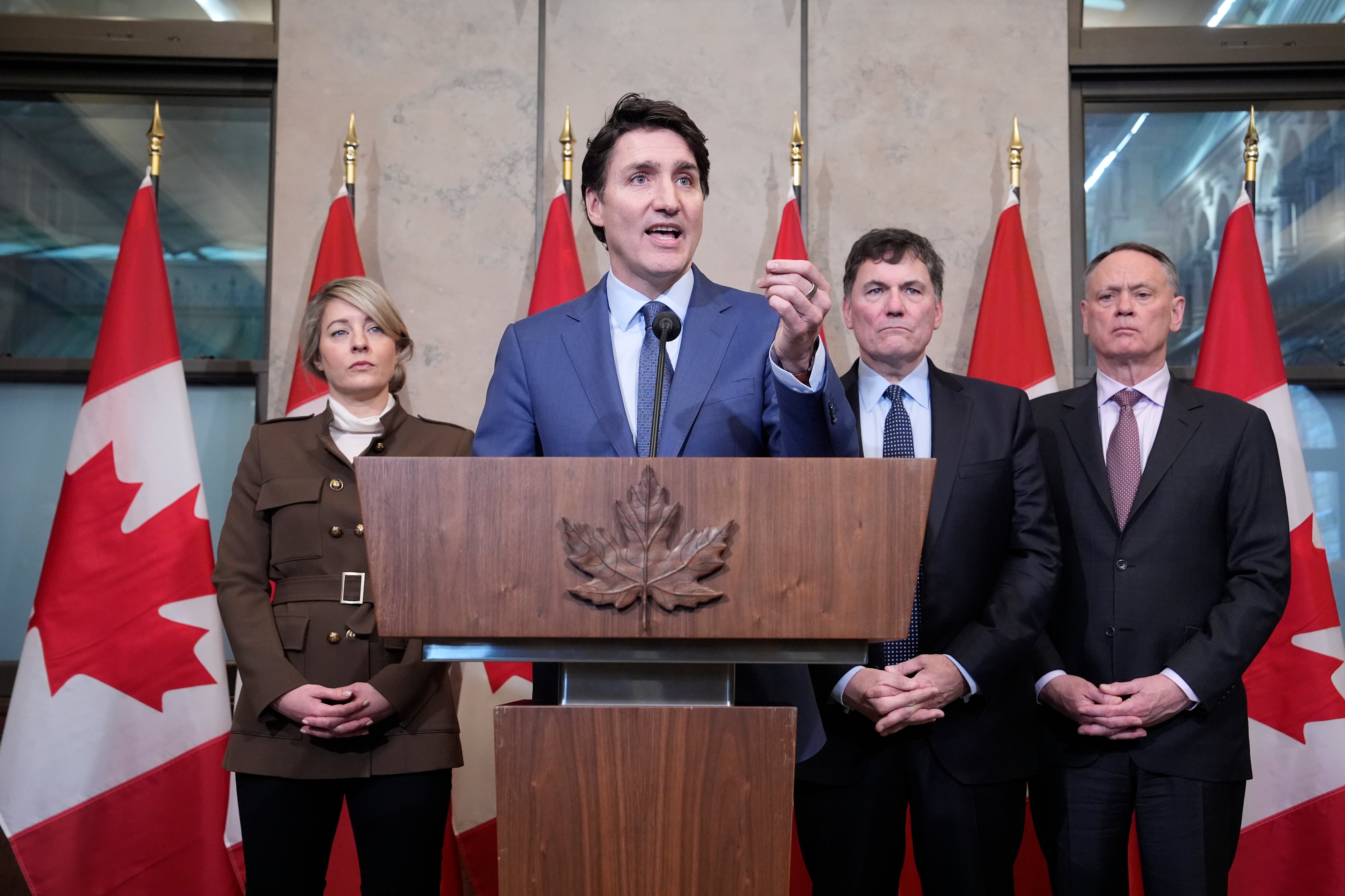 Justin Trudeau holding a news conference on imposed US tariffs earlier this week