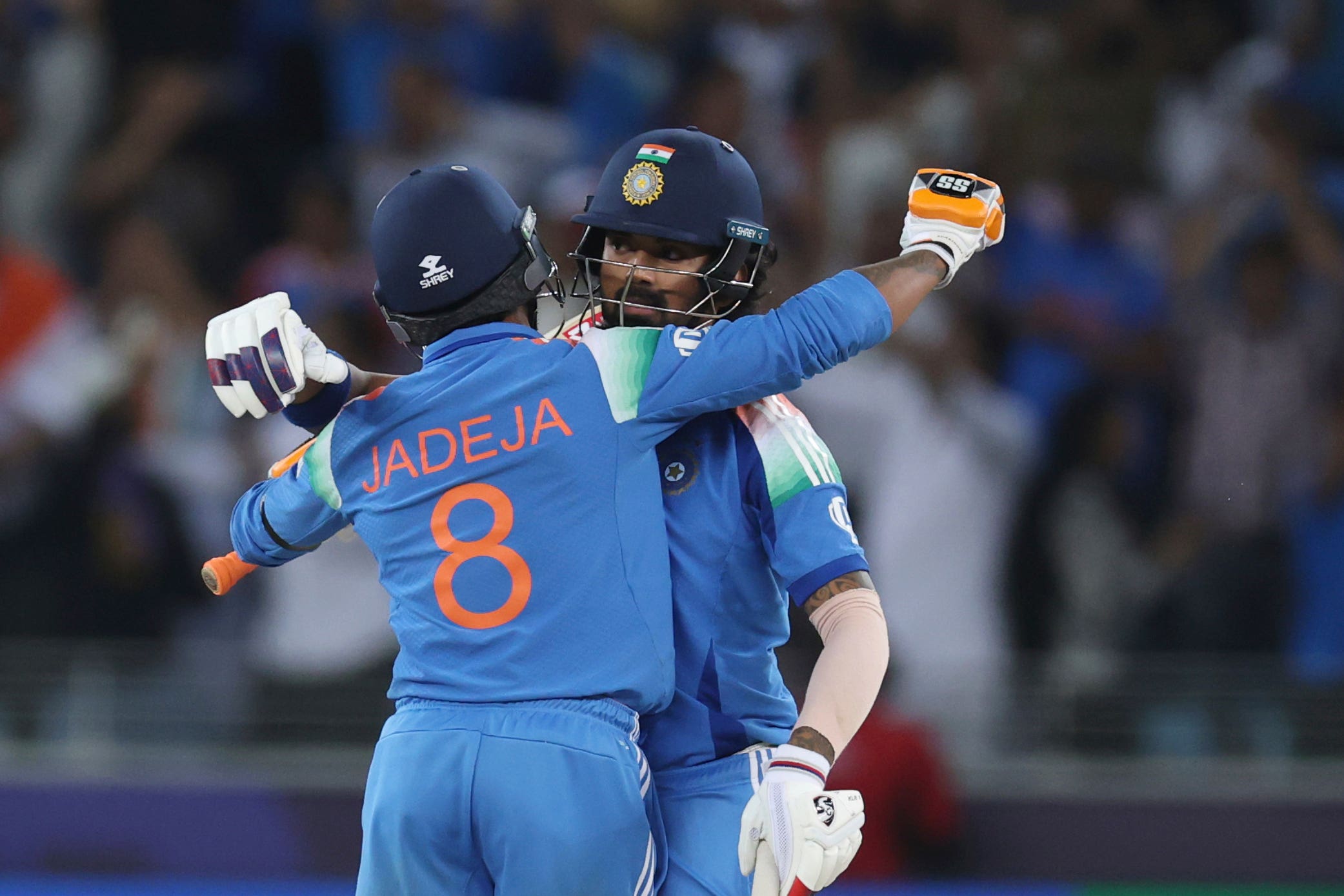 KL Rahul and Ravindra Jadeja celebrate India’s win (Christopher Pike/AP)