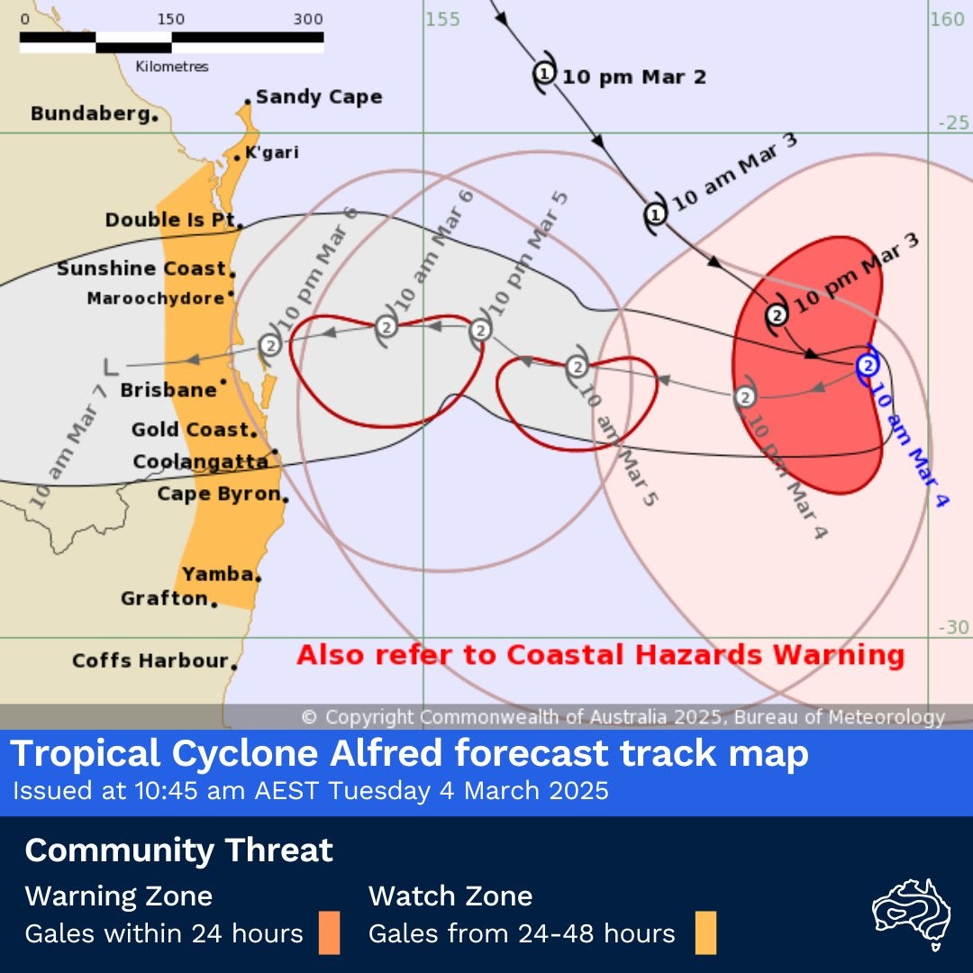 Map from Australia's Bureau of Meteorology (BoM) shows projected path of Cyclone Alfred