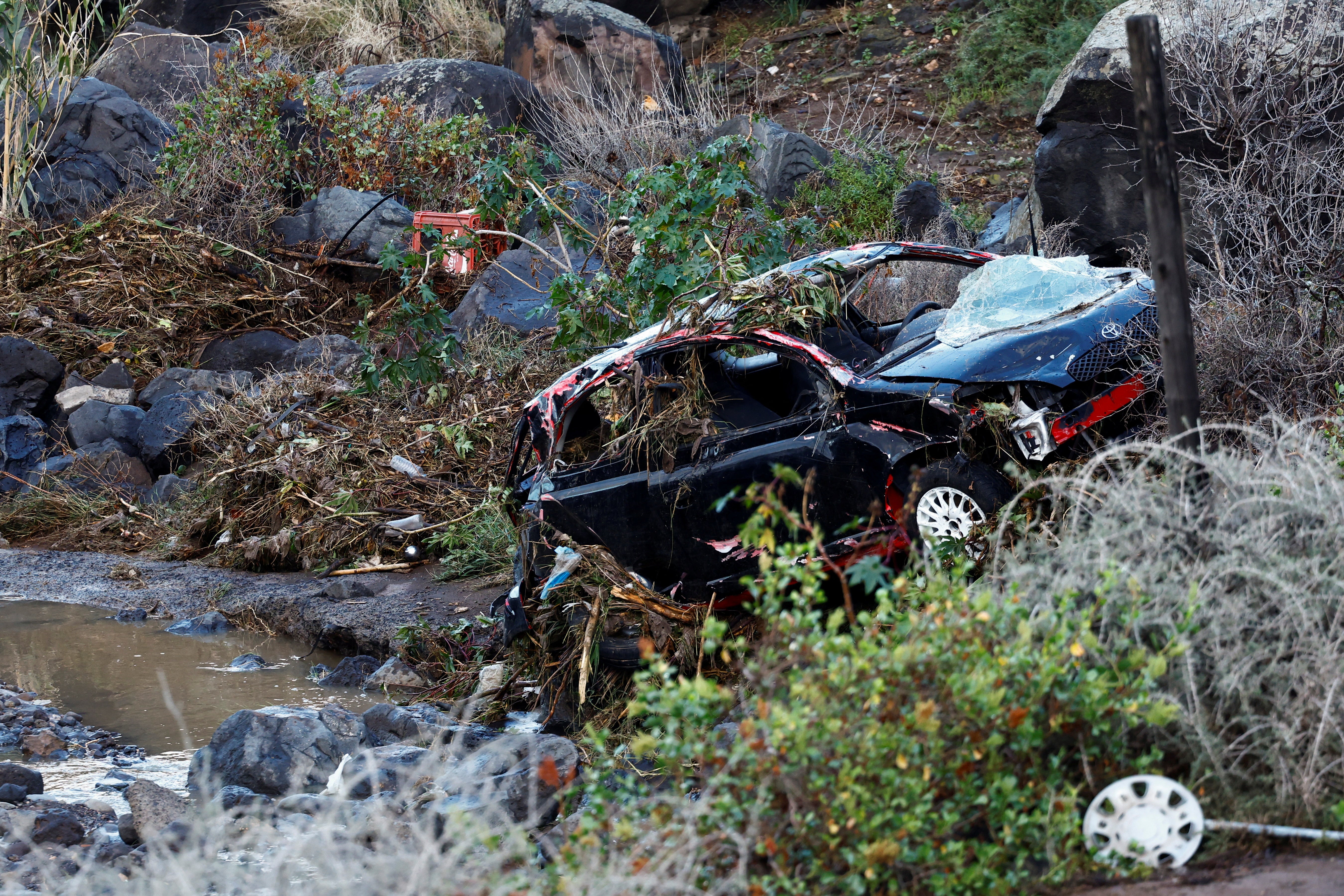 A car that was swept away by the rain, lies amid vegetation