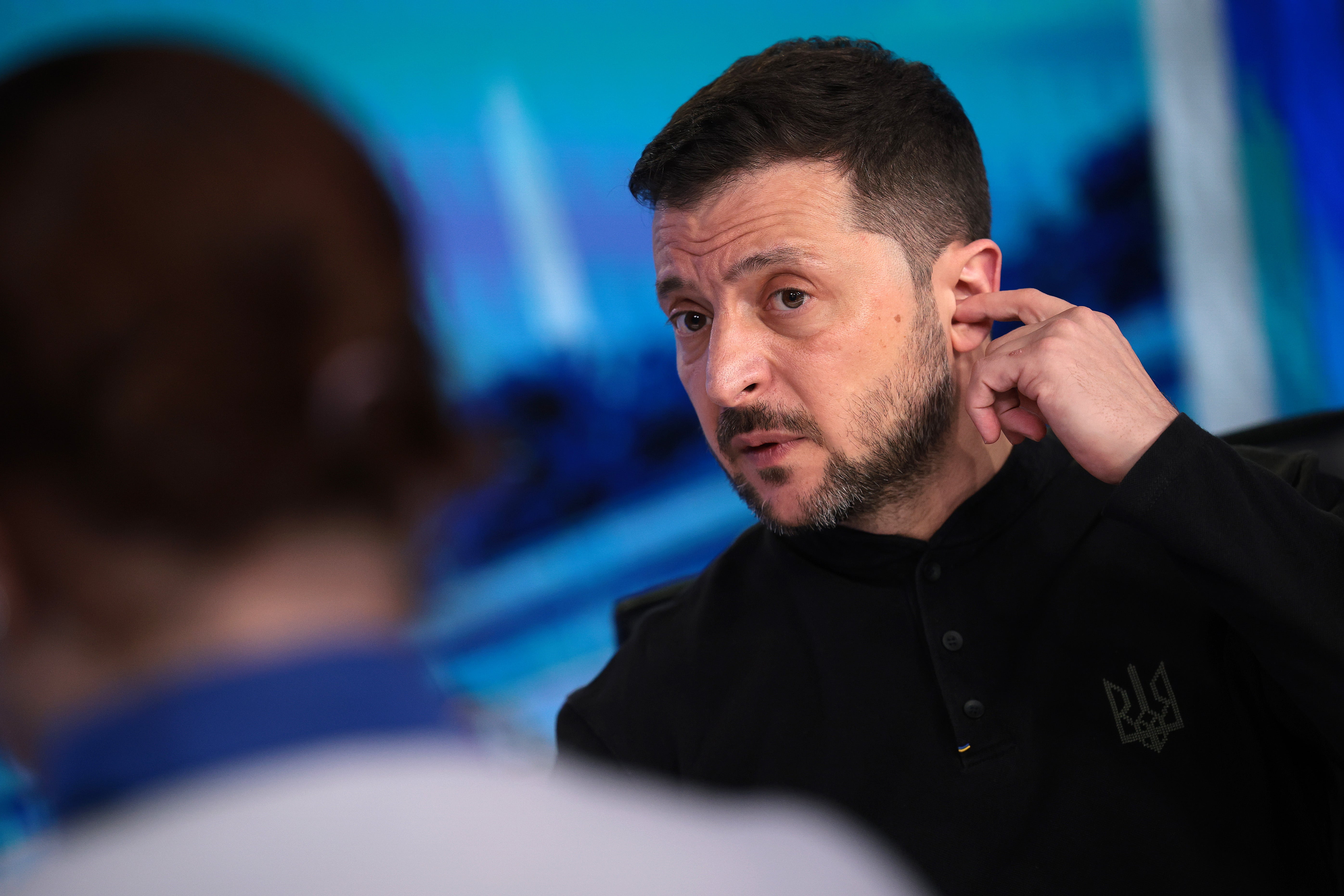 Volodymyr Zelensky prepares for an interview with Fox News in Washington, DC