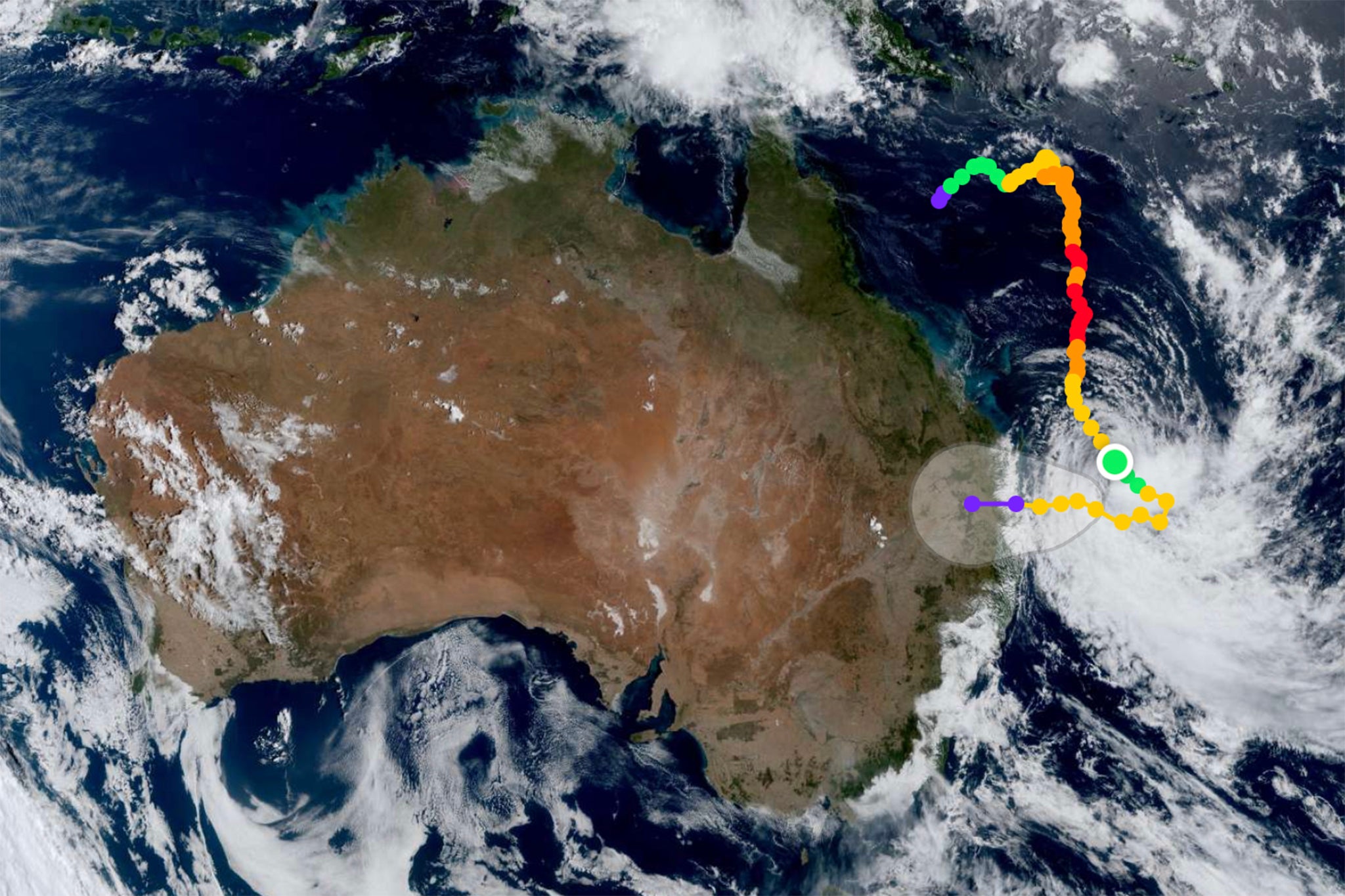 otted line shows Cyclone Alfred's movement from 22 February to 5 March as it nears landfall