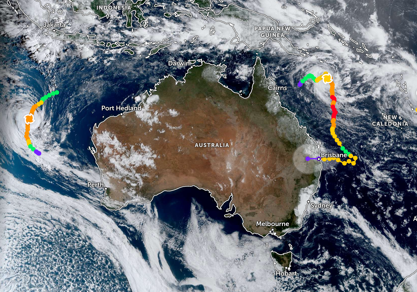 Map showing Cyclone Bianca (left) and Alfred (right)