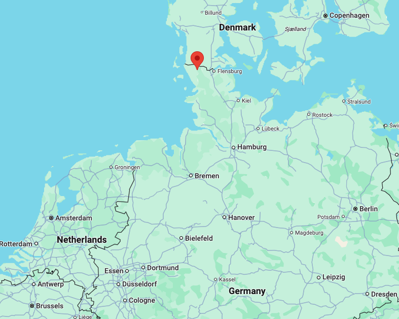 The village of Karlum, marked in red, is on the northern border with Denmark