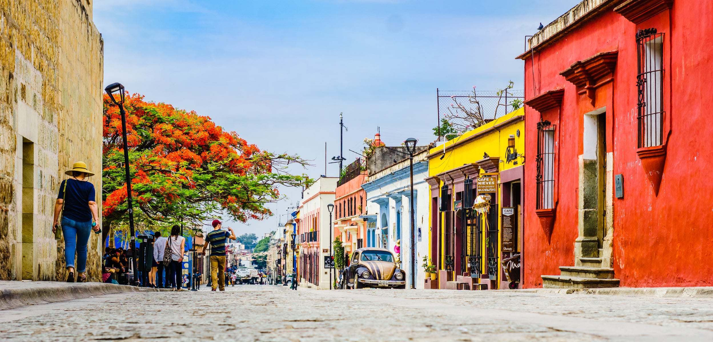 Many of the streets in Oaxaca are lined with colourful, colonial buildings