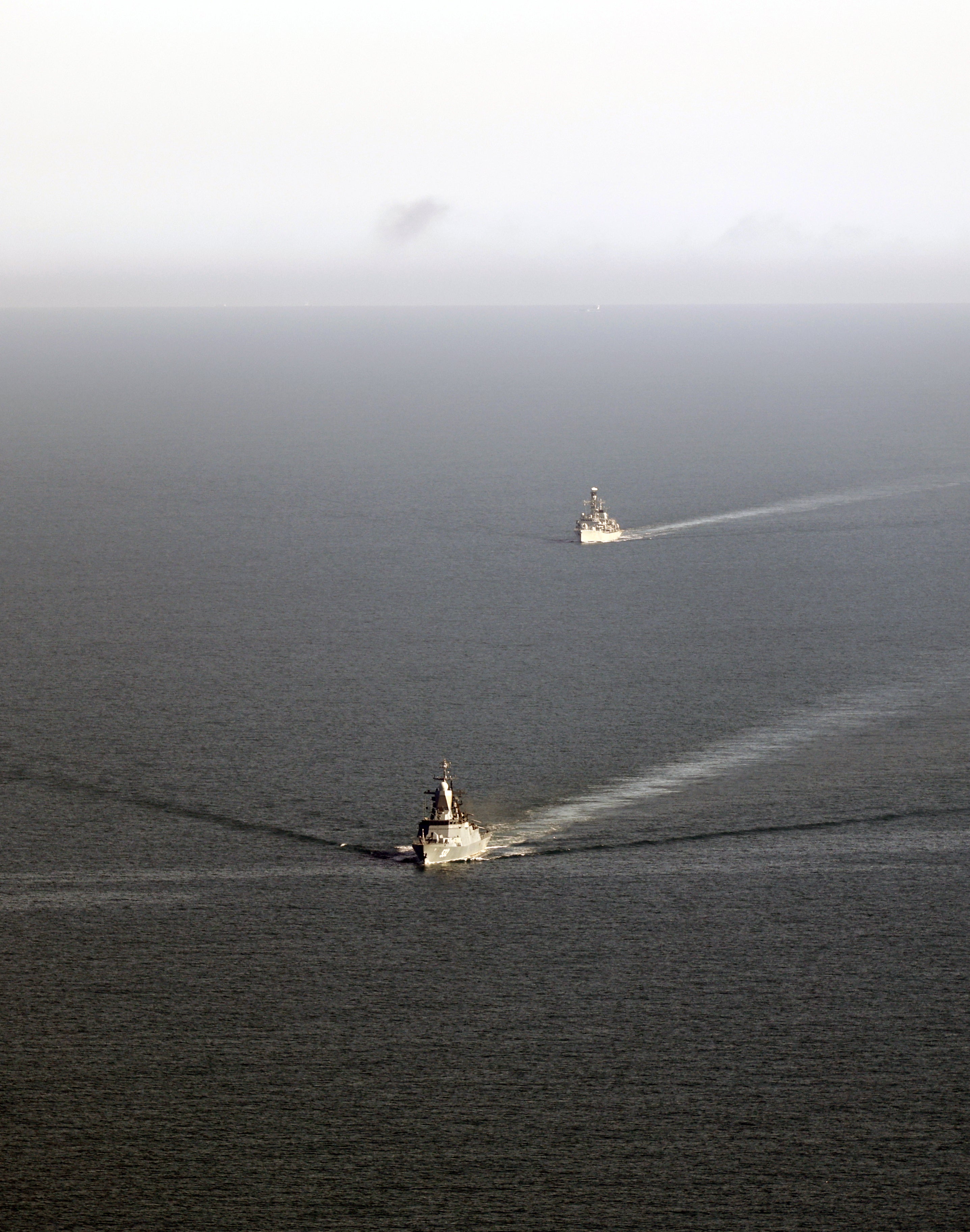 Royal Navy frigate HMS Somerset (rear) follows Russian corvette Boikiy during a three-day operation monitoring the progress of a Russian task group (Royal Navy/PA)
