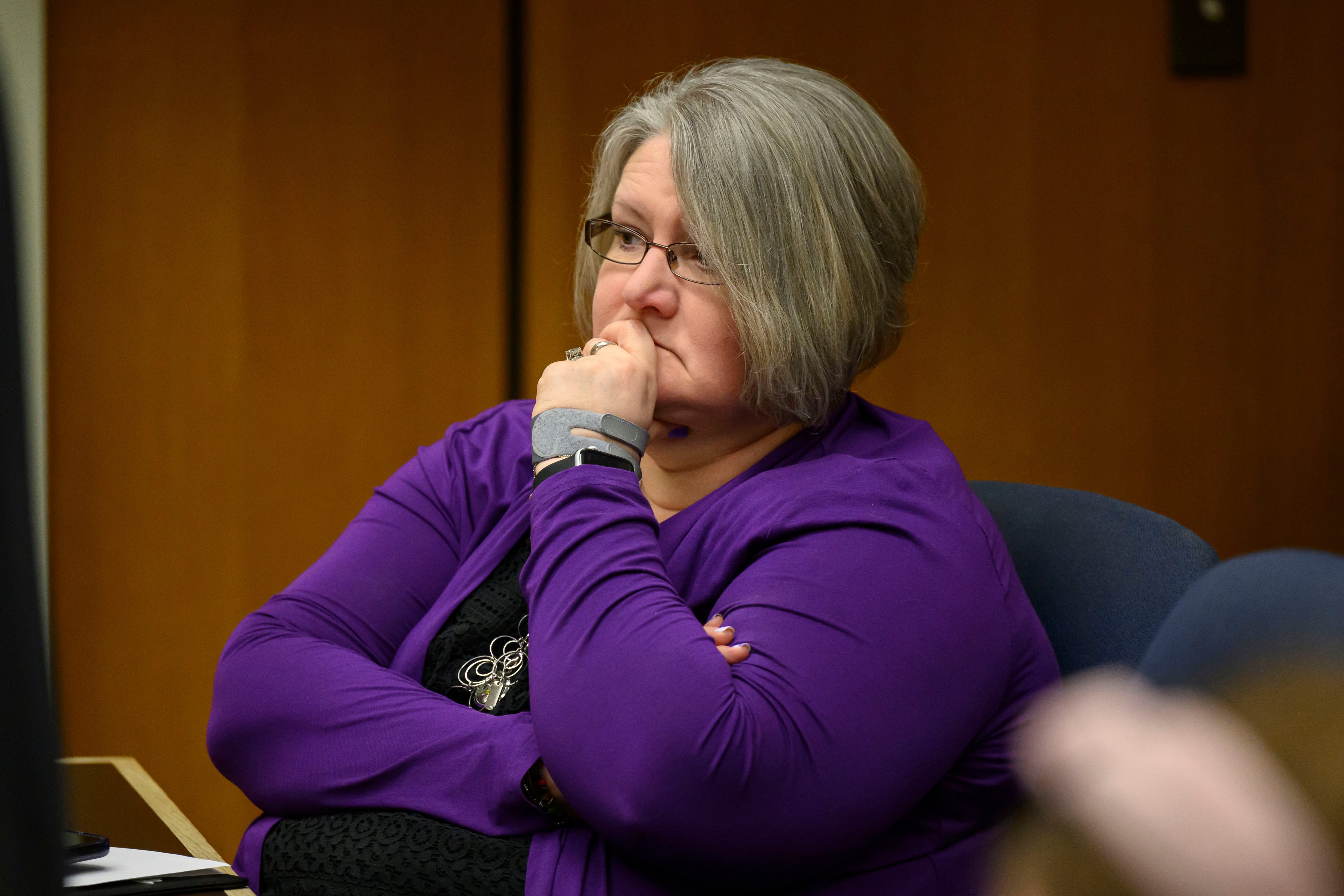 Tayna Zuvers listens to testimony during a hearing to have her sons Andrew, Alexander, and Tanner Skelton be officially declared deceased