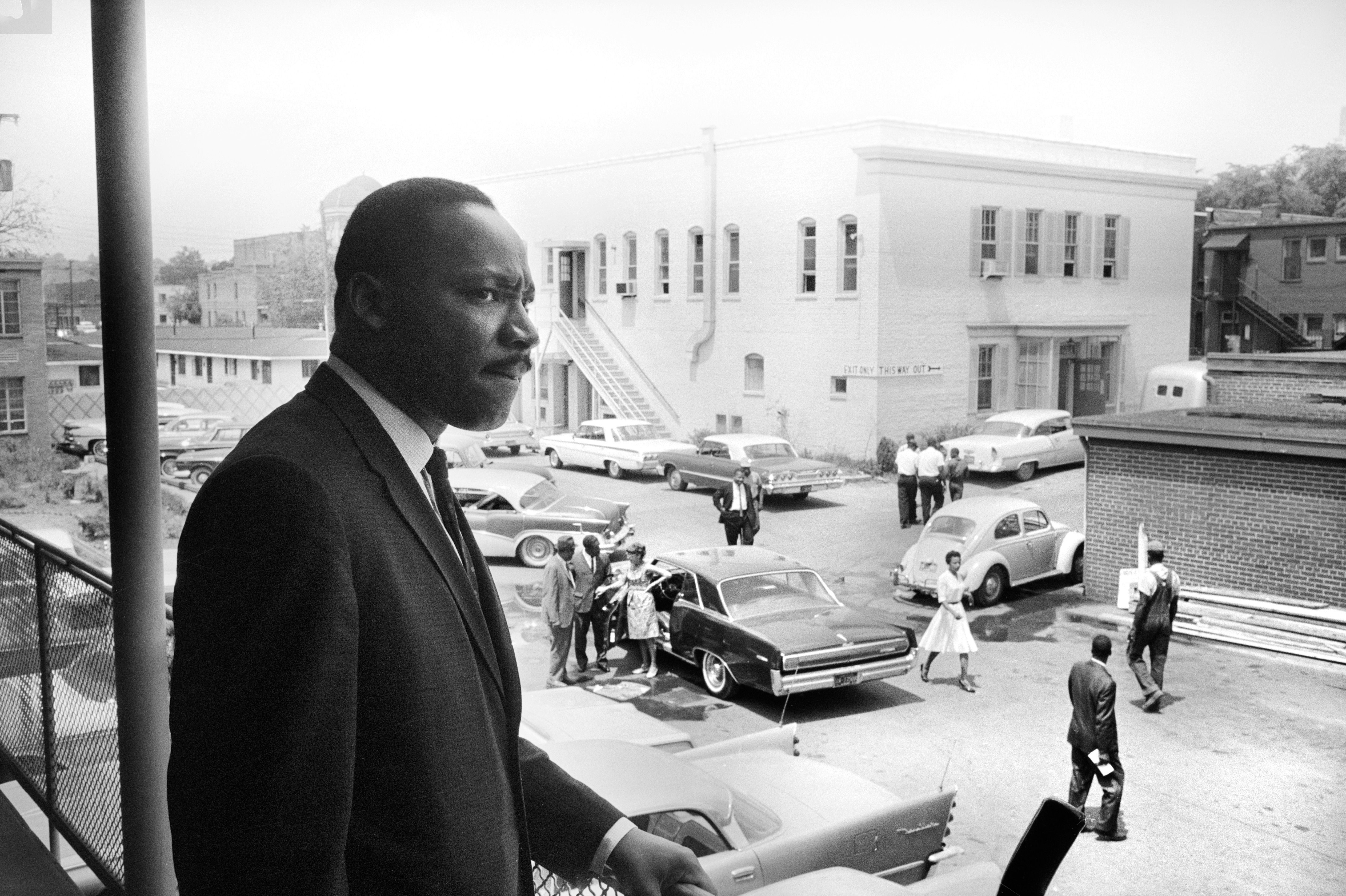 Martin Luther King Jr on the balcony of the Lorraine motel in Memphis, Tennessee, before his assassination in 1968