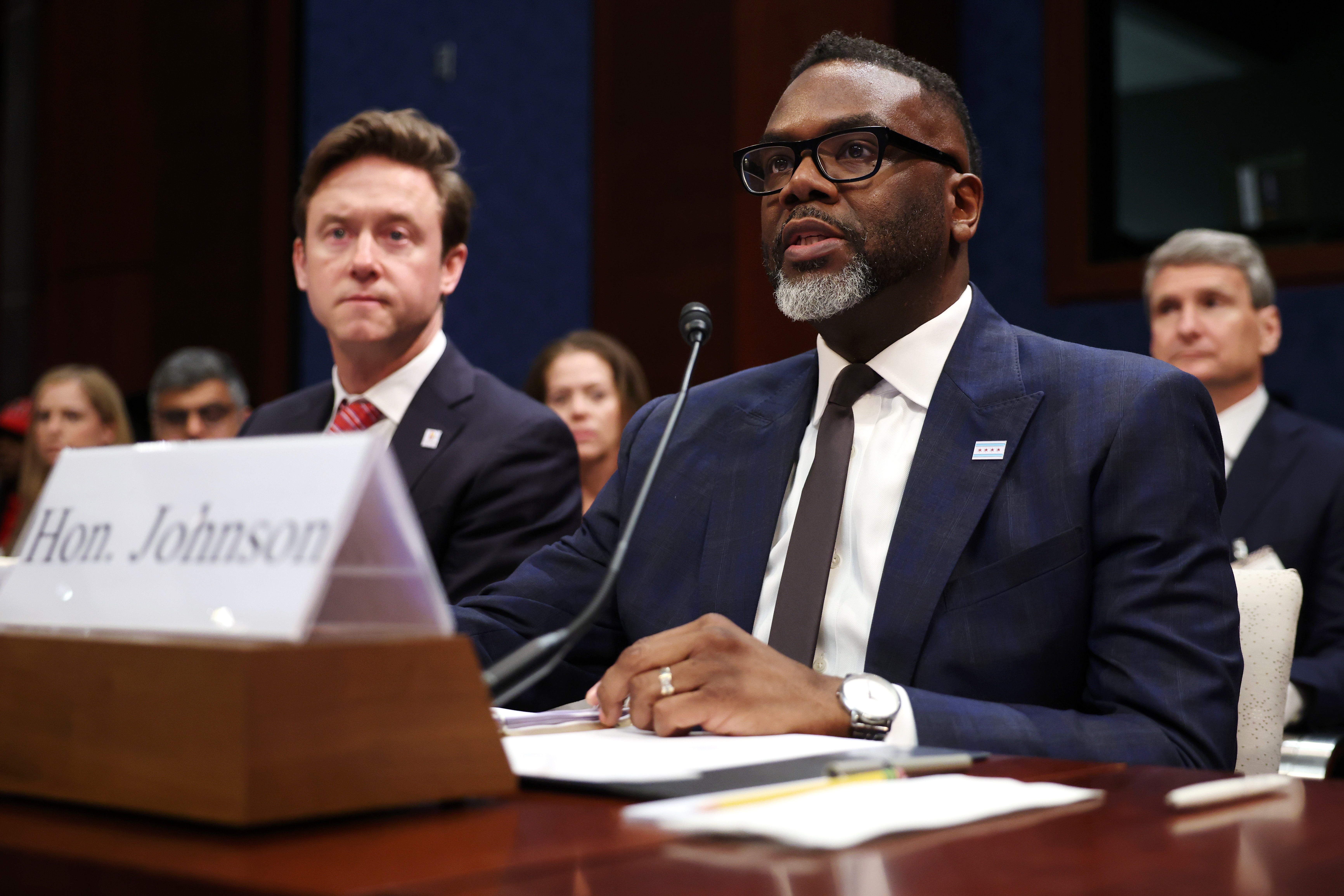 Chicago Mayor Brandon Johnson (right) and Denver Mayor Mike Johnston (left) testify. Republicans asserted that the mayors were making their cities more unsafe by adopting policies that protect undocumented immigrants with violent criminal records