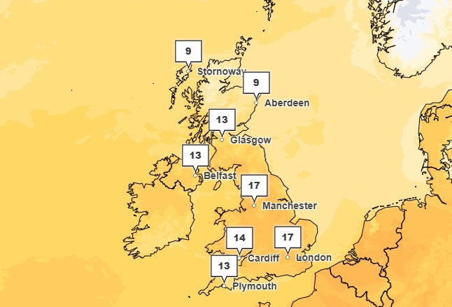 The weather forecast for the UK on Saturday at 3pm