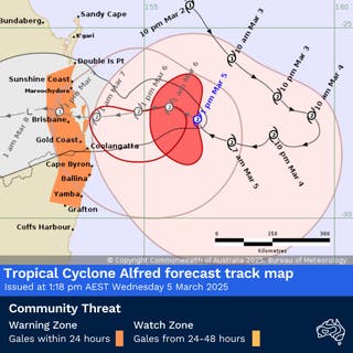 Cyclone Alfred and the warning zone route