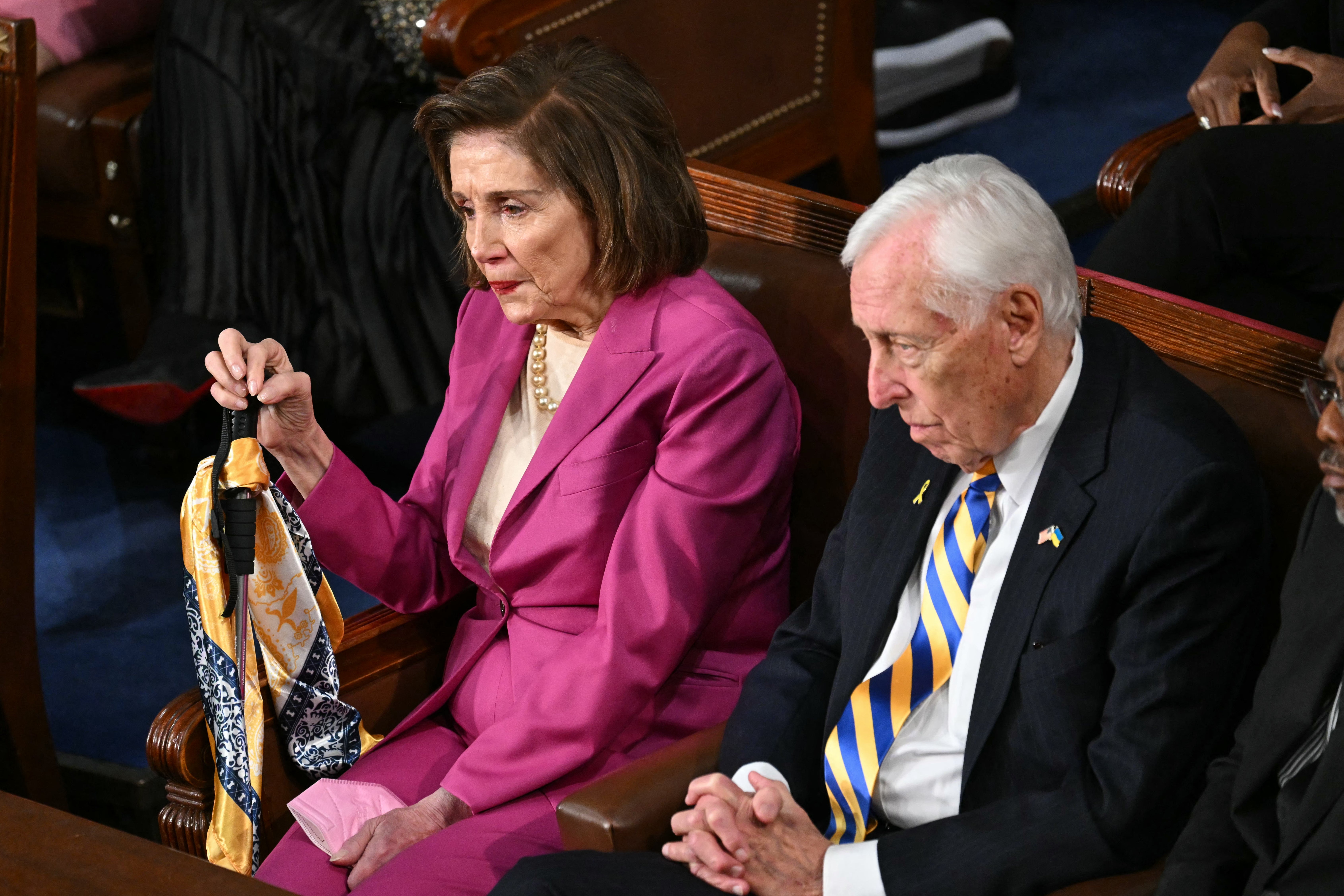 US Representative Nancy Pelosi and Representative Steny Hoyer listen to Trump