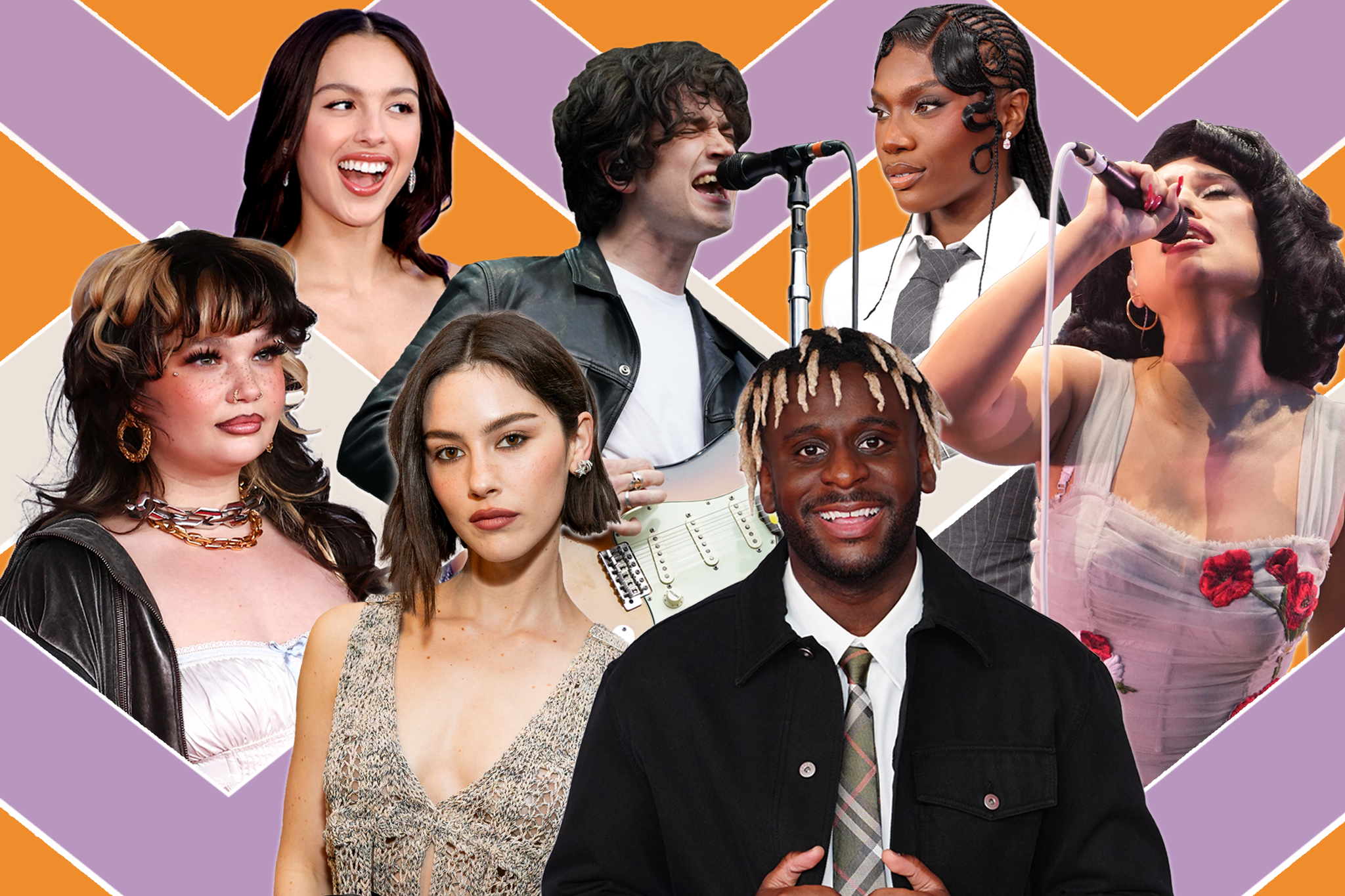 From left clockwise: Lola Young, Olivia Rodrigo, Inhaler frontman Elijah Hewson, Doechii, Raye, Myles Smith and Gracie Abrams